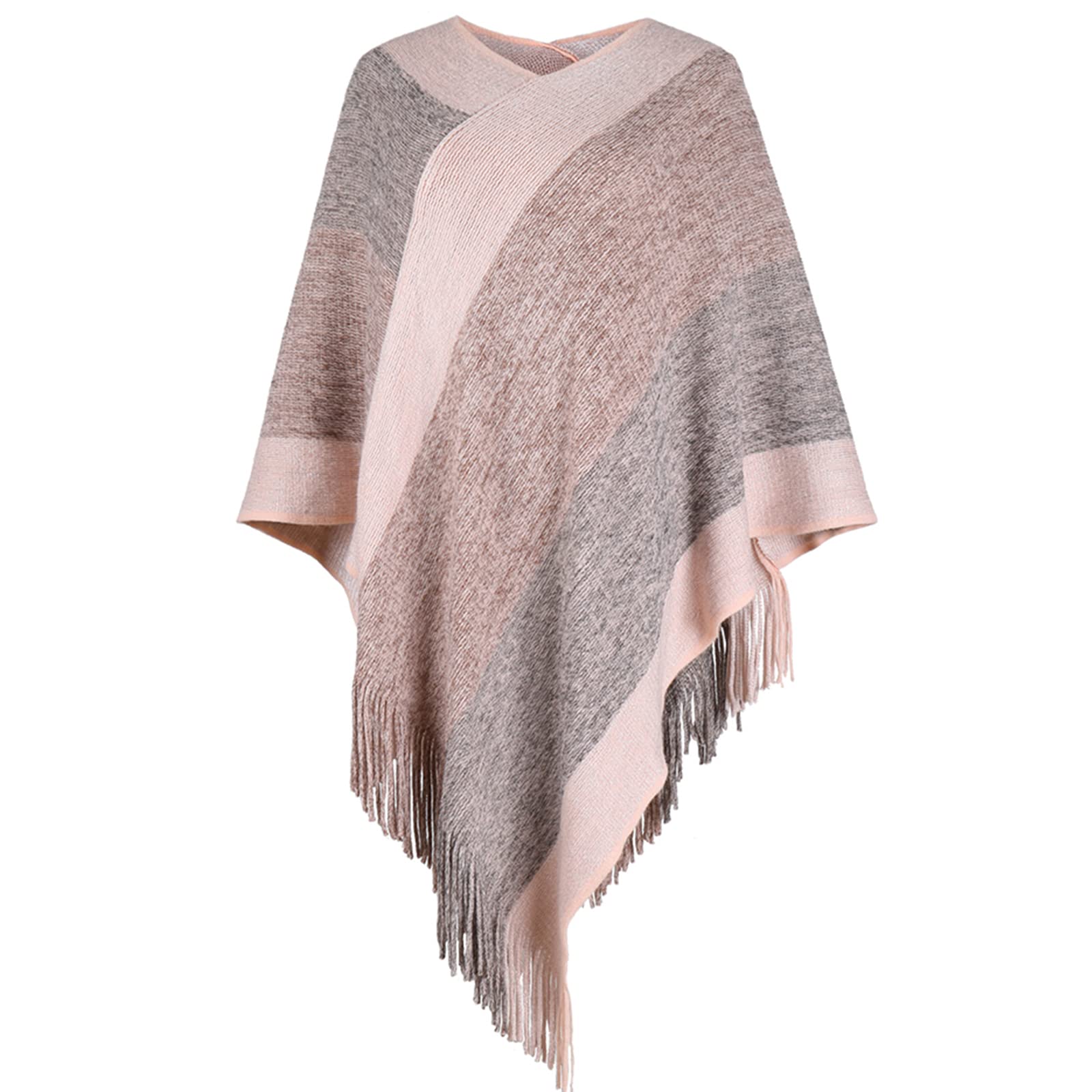 Women's Elegant Knitted Shawl Poncho with Fringed V-Neck Striped Sweater Pullover Cape Gifts for Women Mom