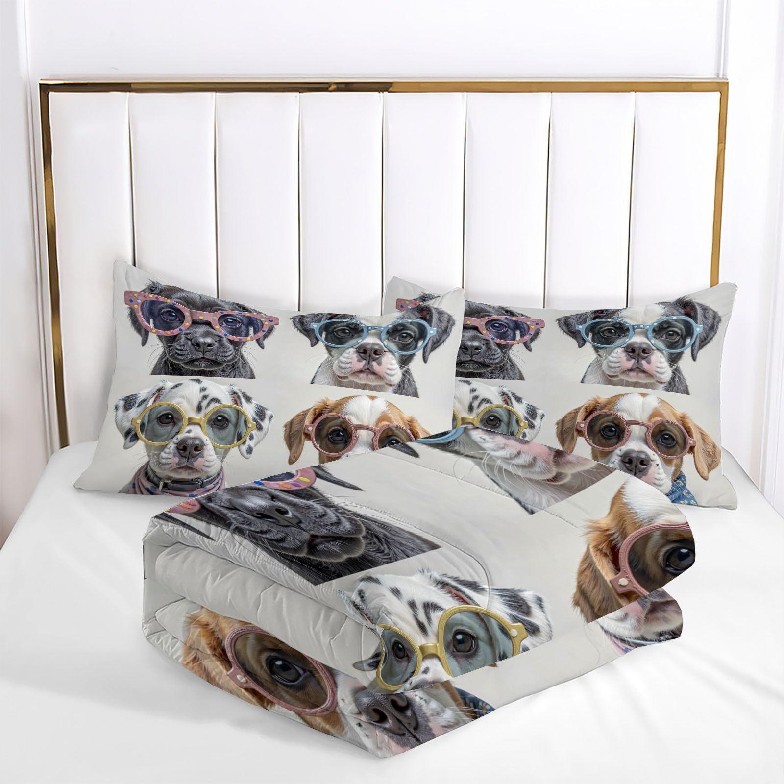 Trapunta Letto Singolo 4 Stagioni Piumone per Bambini, Cane Indossava Occhiali Sole Leggero Semplice Animale Set di Biancheria da Letto 140x200cm con 1 Federe,Piumino Lavabile In Lavatrice