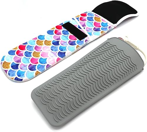 Juego de rizador de pelo de viaje resistente al calor, bolsa de hierro plano y alfombrilla de silicona (sirena)