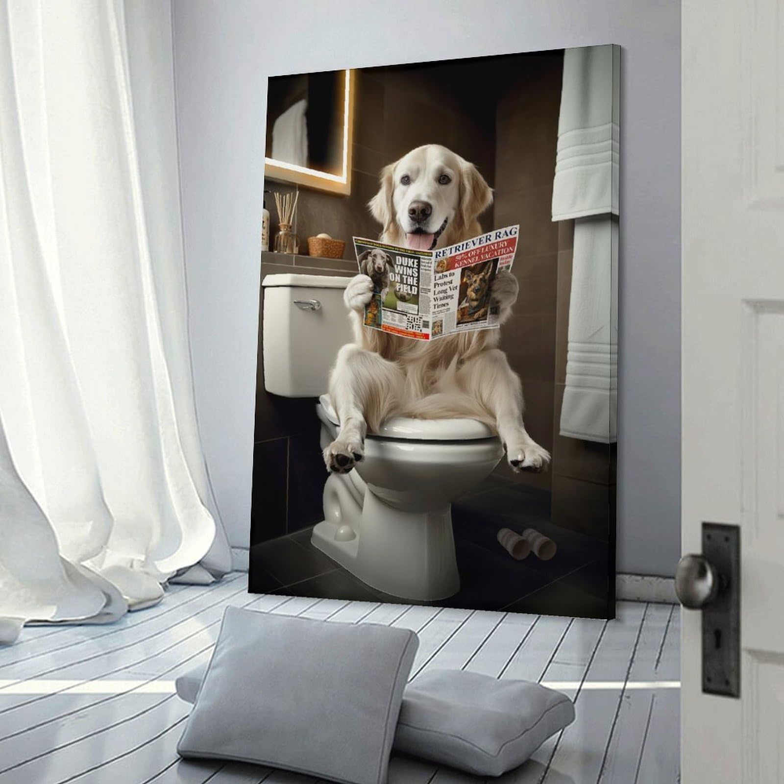 Junmoney Frame-Style-15 English Retriever Reading On Toilet Room Decor Wall Art 08X12inch(20X30cm), For Entrance Walls, Hall Decor Or Foyers, A Neat Decor Update For Hallways
