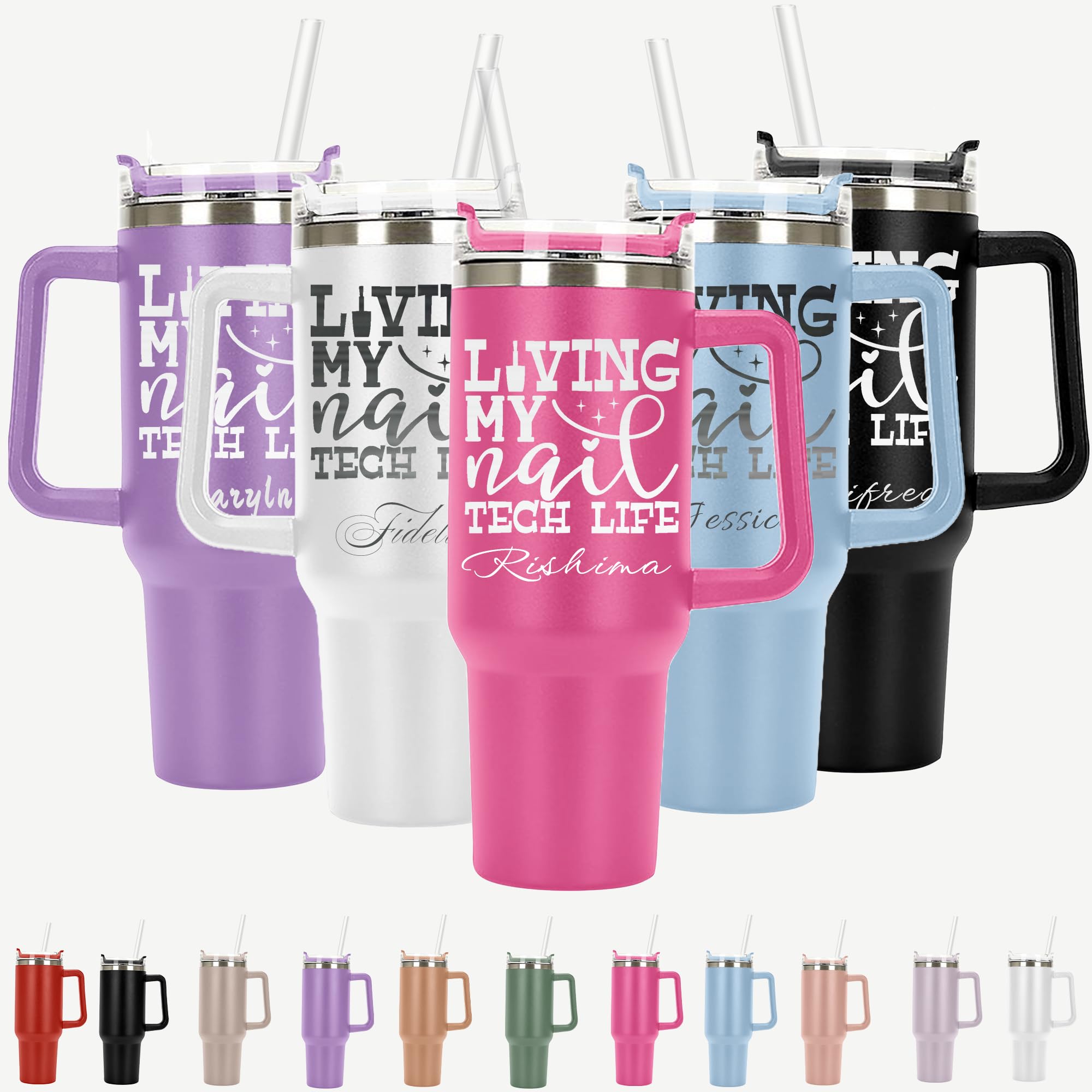 Living My Nail Tech Life Personalized Laser Engraved 40oz Large Tumbler with Handle Straw&Lid manicurist vacuum travel cup flower stainless steel