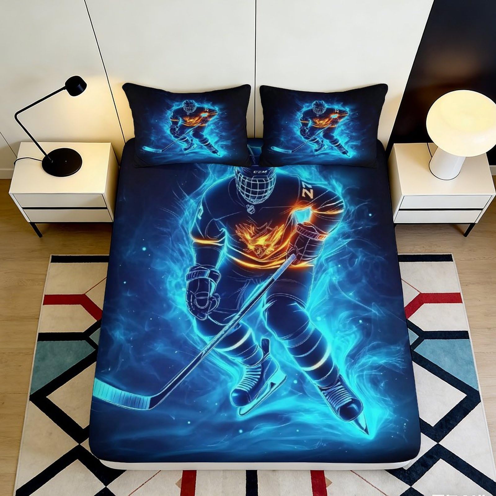 3D Printed Neon Hockey Fitted Sheet Microfiber Soft Breathable Fire Ice Bed Cover for Bedroom Dorm Decor Protection 90x200x25cm