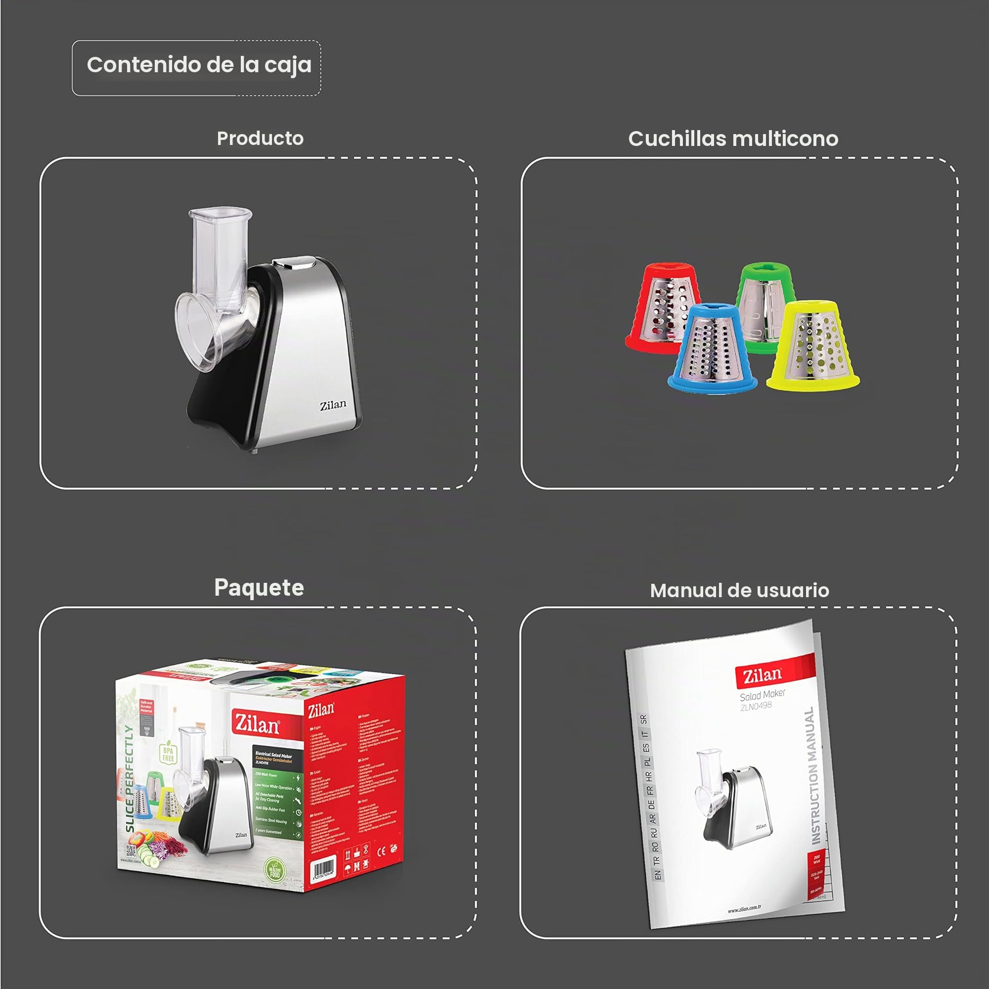 Zilan - Cortador de verduras eléctrico, 4 en 1, rascador de mandolina verduras frutas, 200W
