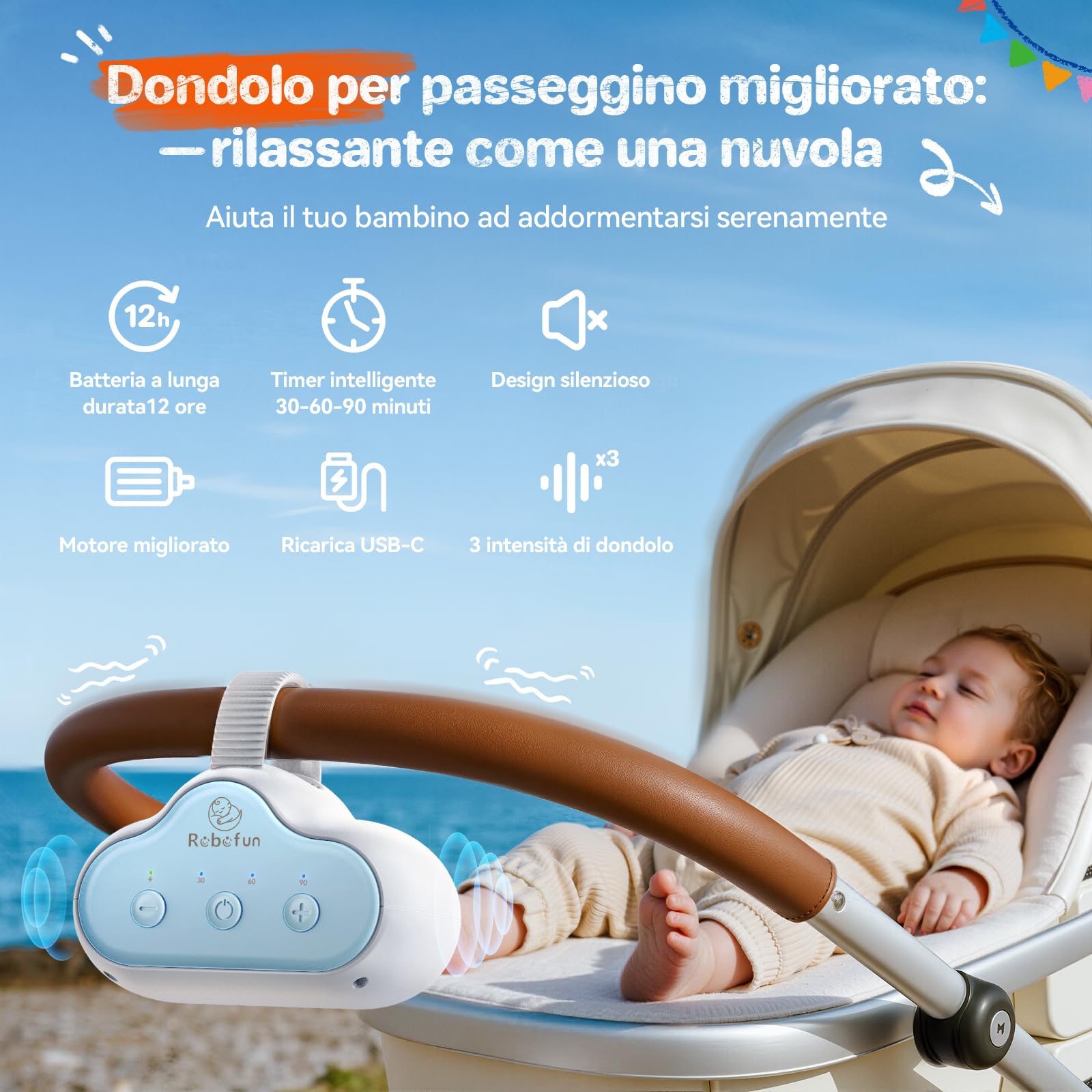Robofun Passeggino Rocker - 2025 Originale Aiuto a Dormire per Bambini, Dispositivo Automatico Per Cullare Il Passeggino, Timer, Universale