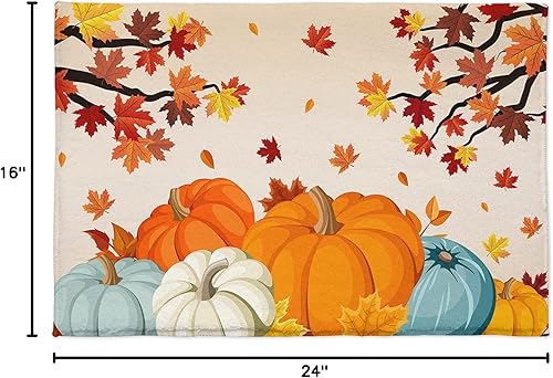 Miniatura 2 de Tapete de otoño de Acción de Gracias, tapete para puerta de entrada delantera, cómodo tapete de pie, color naranja, verde azulado, gris, calabazas,