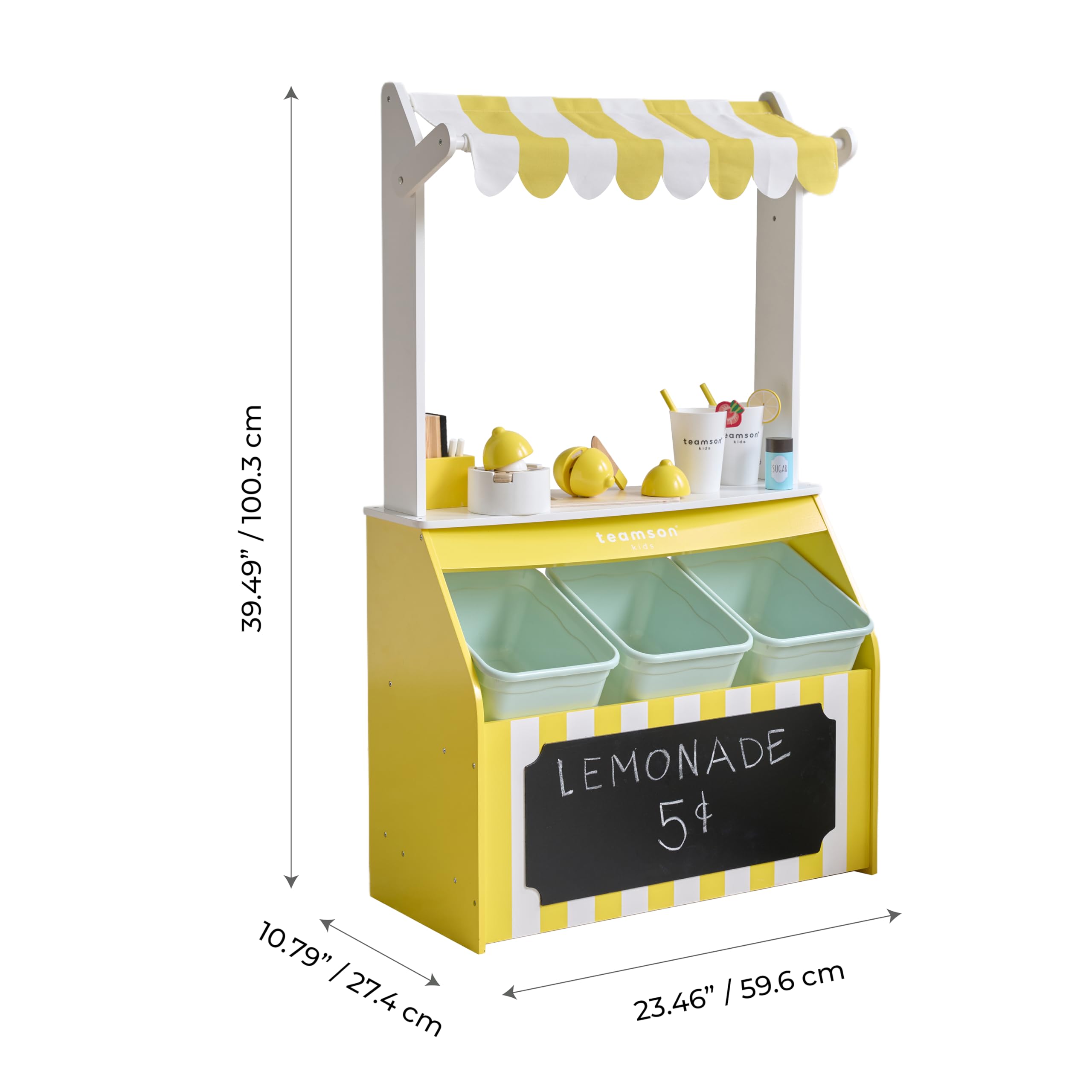 Teamson Kids Lemonade-Stand Holzspielset mit Zubehör – Sunny Citrus | Für Kleinkinder, Pretend Play Grocery Shop, 18 Zubehörteile, Saftpresse, Aufbewahrungsbehälter