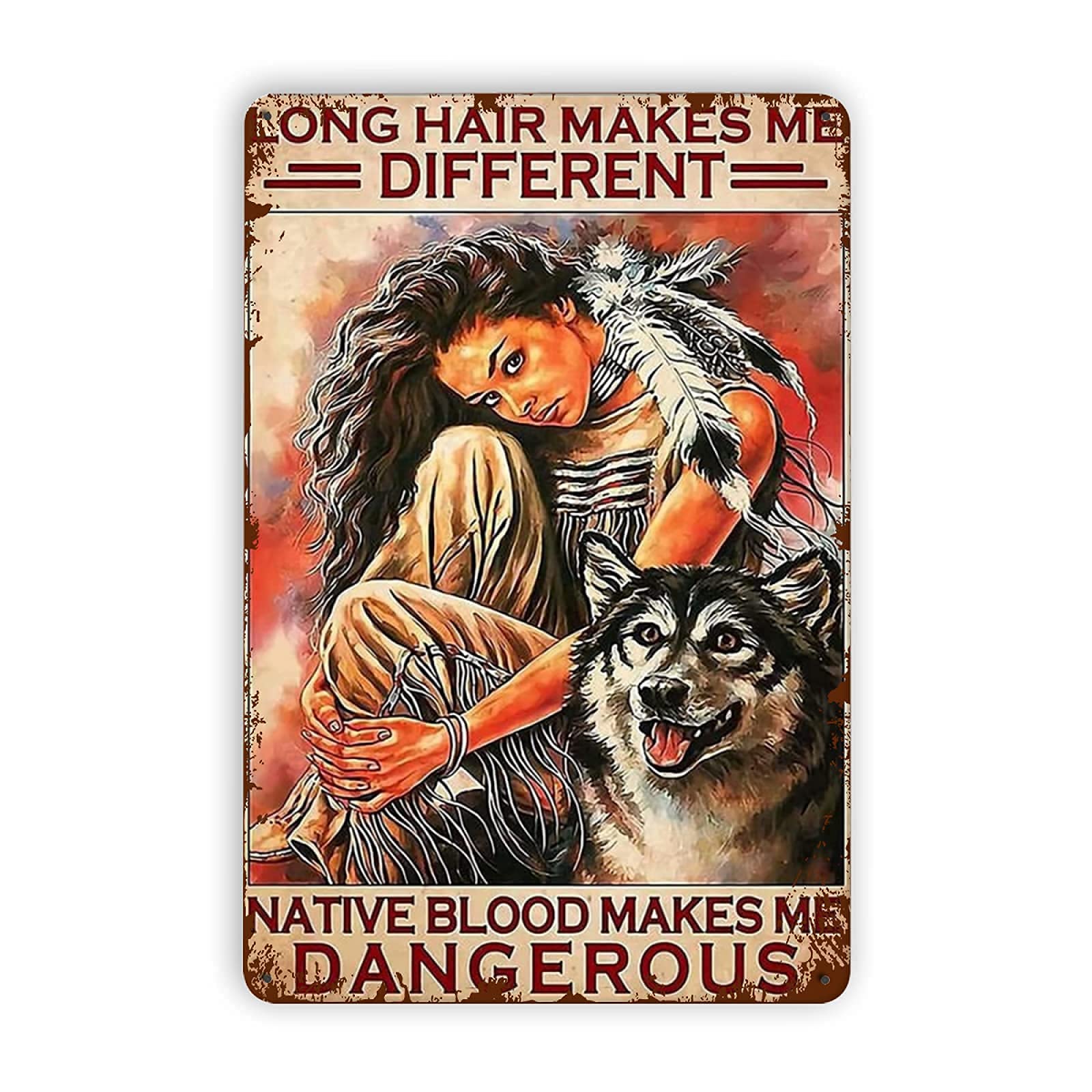 Lsjuee A Native Girl and A Wolfdog Metal Tin Signs Reproduction, Vintage Wall Decor Retro Art Tin Sign Funny Decorations for Home Bar Pub Cafe Farm Room Metal Plaque Classic Poster 8×12 Inch