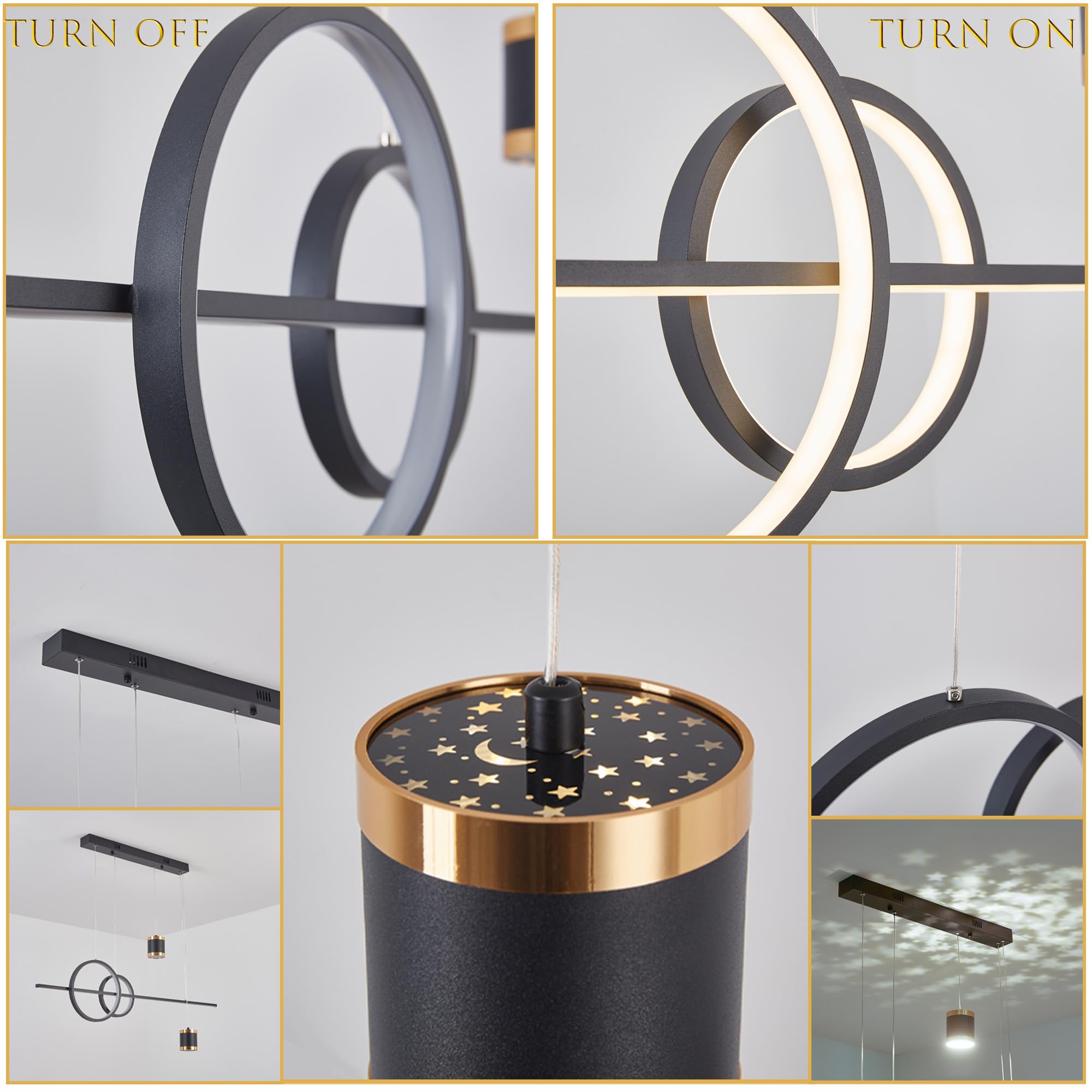 LED Pendelleuchte Esstisch, 49W Dimmbar Hängelampe mit Fernbedienung, Sternenhimmel Unabhängig Steuerbare Hängeleuchte, 120cm Höhenverstellbar Pendellampe, Für Esszimmer, Küche, Schwarz, 100cm