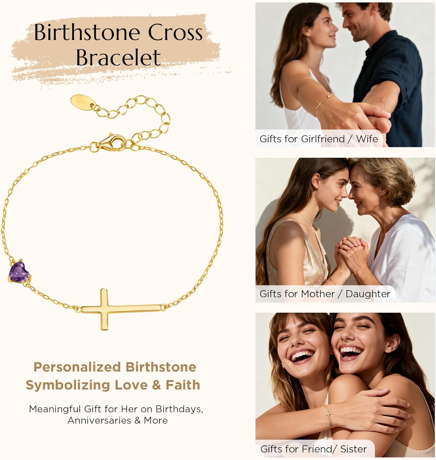 NORBU S925 Cross Bracelet for Women, 18K Gold Plated Sterling Silver Womens Cross Bracelet with Heart Birthstones, Religious Christmas Gift Anniversary Birthday Jewelry for Wife Girlfriend Her - Image 4