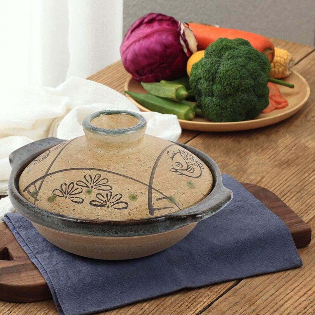 Alipis Japanese Ceramic Donabe Pot - 7.99 Inch Traditional Clay Casserole for Soup, Stew, Rice, and Hot Pot Cooking, Brown Ceramic with Pattern for Home Use