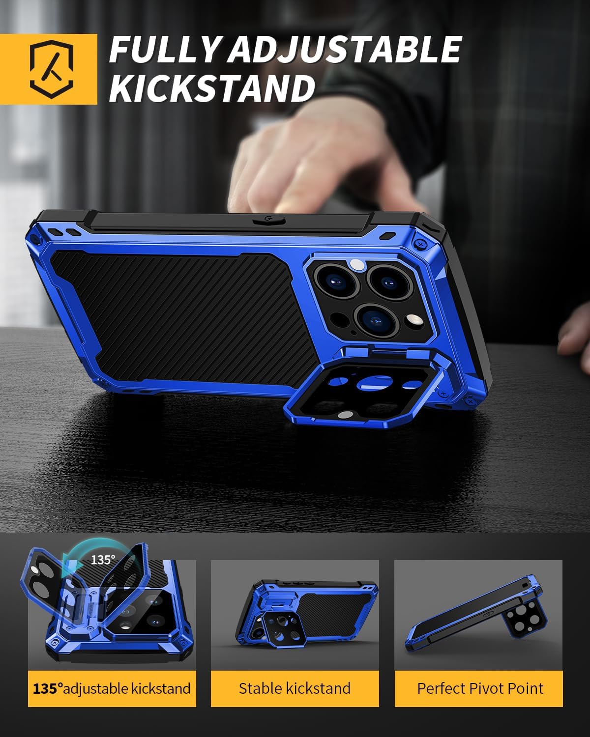 Lanhiem for iPhone 15 Pro Metal Case, [Built-in Camera Kickstand & Glass Screen Protector] Protective Heavy Duty Full Body Military Rugged Shockproof Magnetic Cover for iPhone 15 Pro 6.1" (Blue)