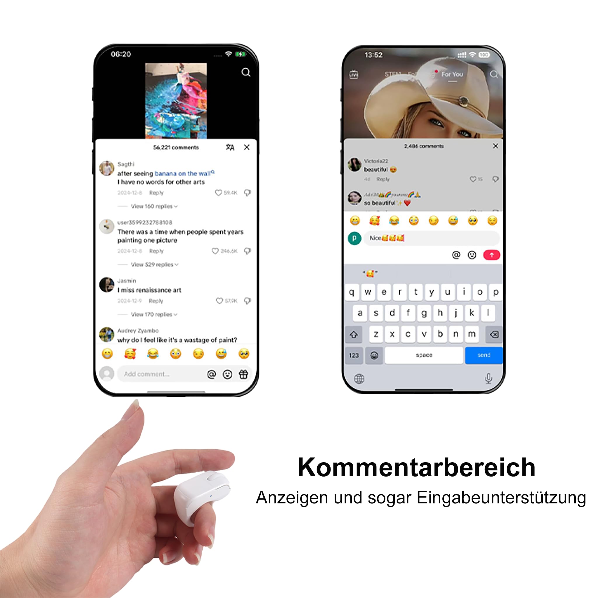 Tiktok Scrolling Ring Fingermaus mit Touchpad, Mini Bluetooth Wiederaufladbare Tragbare Maus mit Ladehülle, Fernbedienung für Kamera/Video/Kindle App/PPT, für PC Laptop Smartphone Tablet(Weiß)