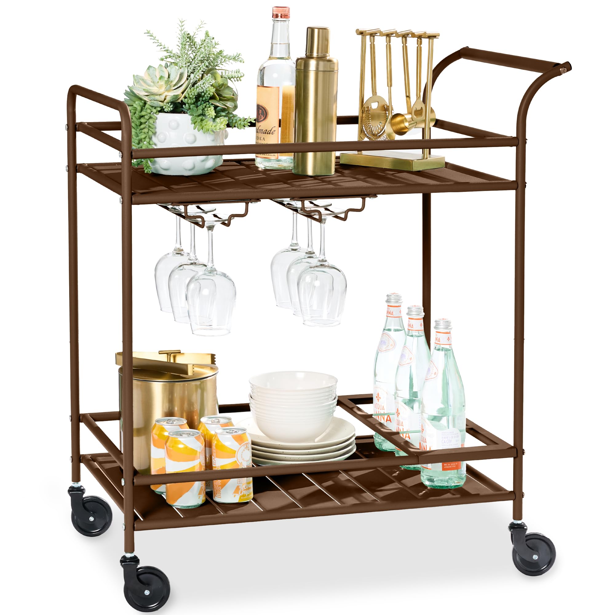 Best Choice Products Rolling Bar Cart, Mobile Home Bar Serving Cart, Serving Station w/ 2 Tier Shelves, Wine Rack, Lockable Wheels - Brown