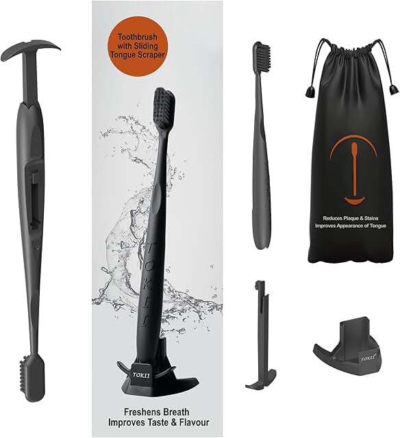 TOKII Tongue Scraper Toothbrush for Adults – Charcoal Soft Bristle Tooth...