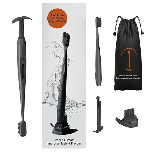 TOKII Toothbrush with Soft Bamboo Charcoal Bristles & Sliding Tongue Scraper Reduces Bad Breath | Improves Taste Buds | Waterproof Travel Pouch | Hygienic Holder | Color- Black & White