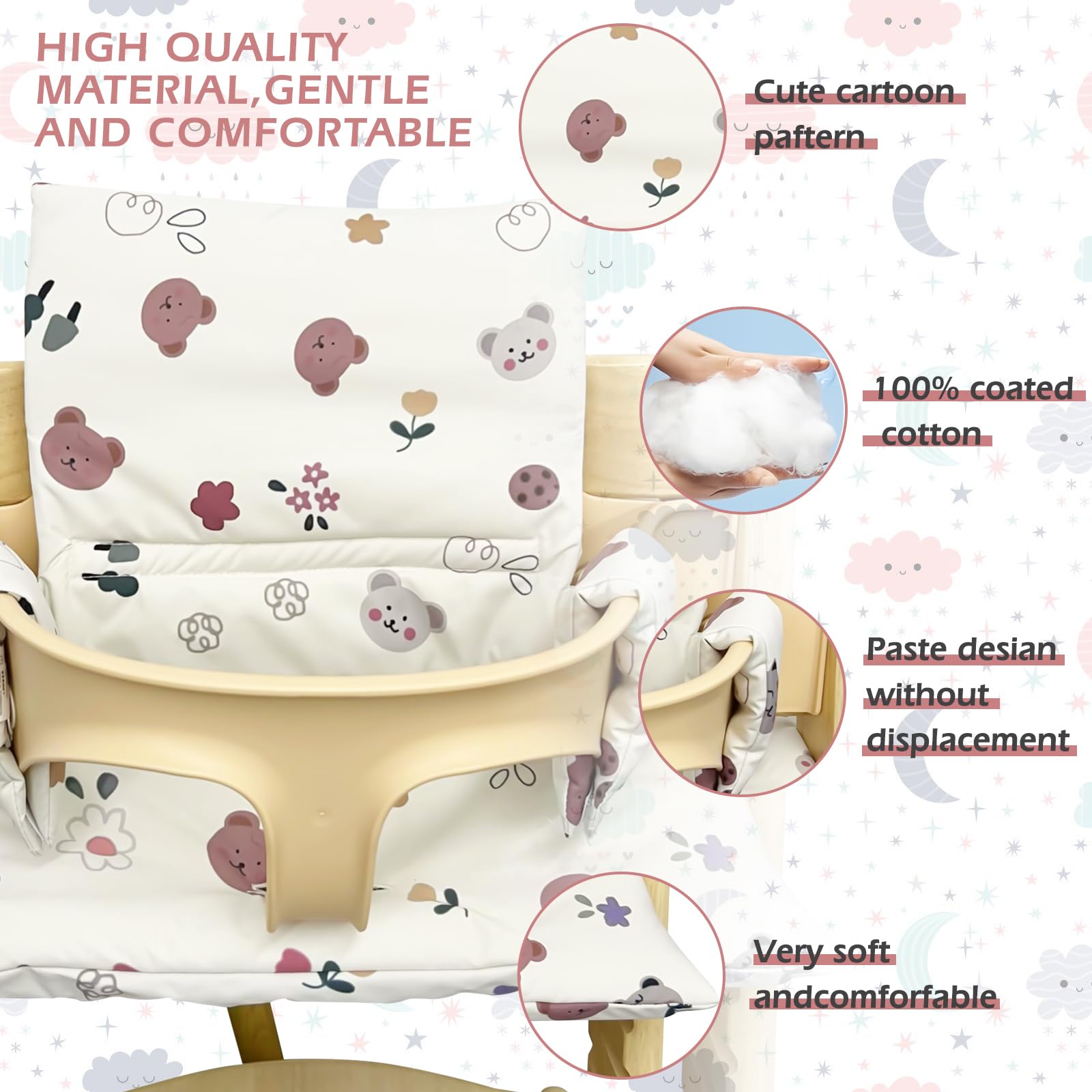 Sitzkissen für Stokke Tripp Trapp Hochstuhl: Rutschfest Hochstuhl Sitzkissen Set, Laminierte Beschichtung, Bio-Baumwolle Baby Sitzkissen, Maschinenwaschbar, Einfach Befestigung, Blumen, Bären