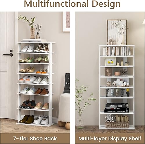 Miniatura 4 de Tangkula Zapatero vertical de 7 niveles, zapatero patentado de madera de doble fila con dispositivo anticaída, organizador de zapatos estrecho,