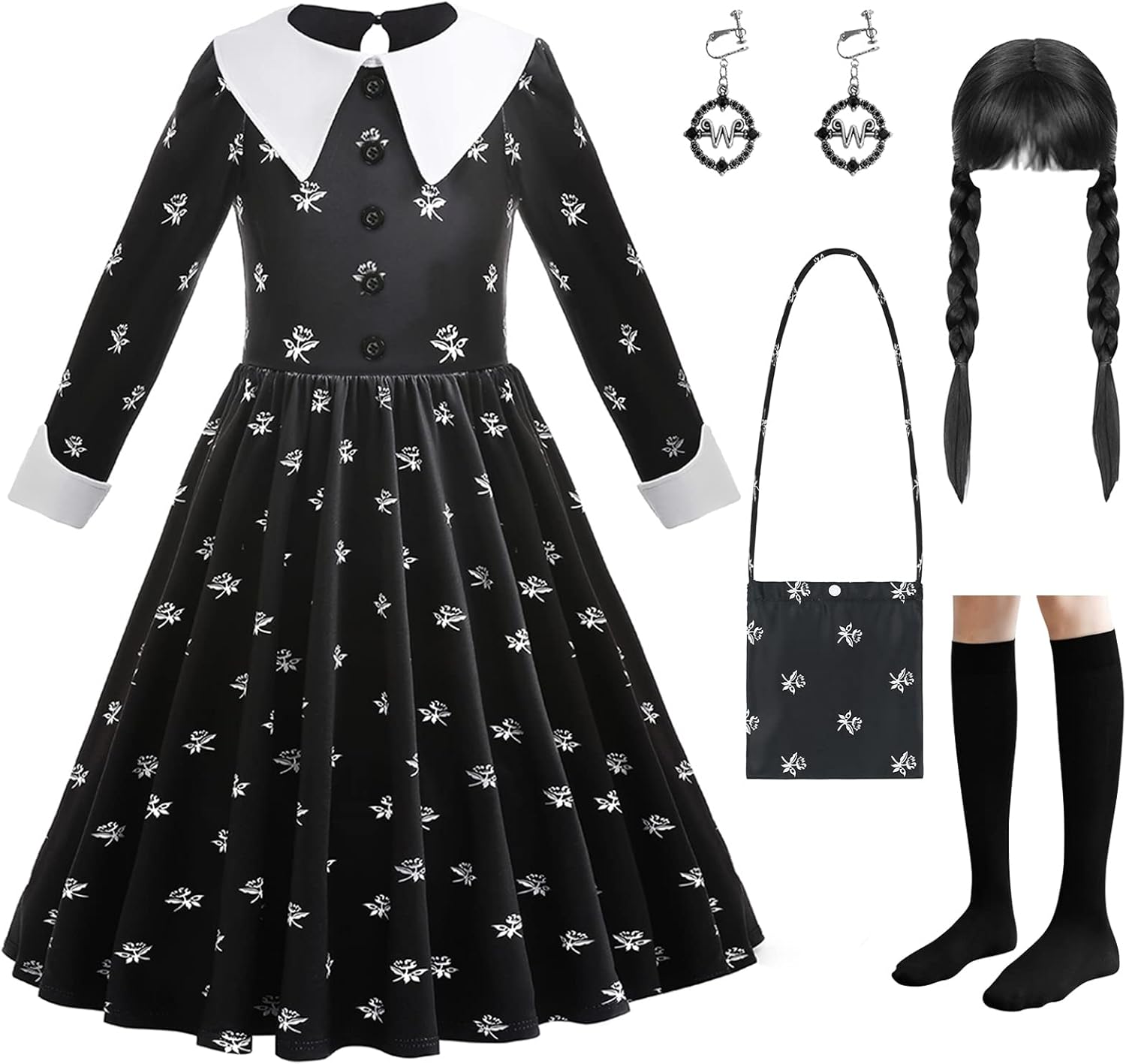 LZH Kid Black Halloween Costume Dress For Girl Cosplay Princess Halloween Outfit With Wig Bag Earrings Socks