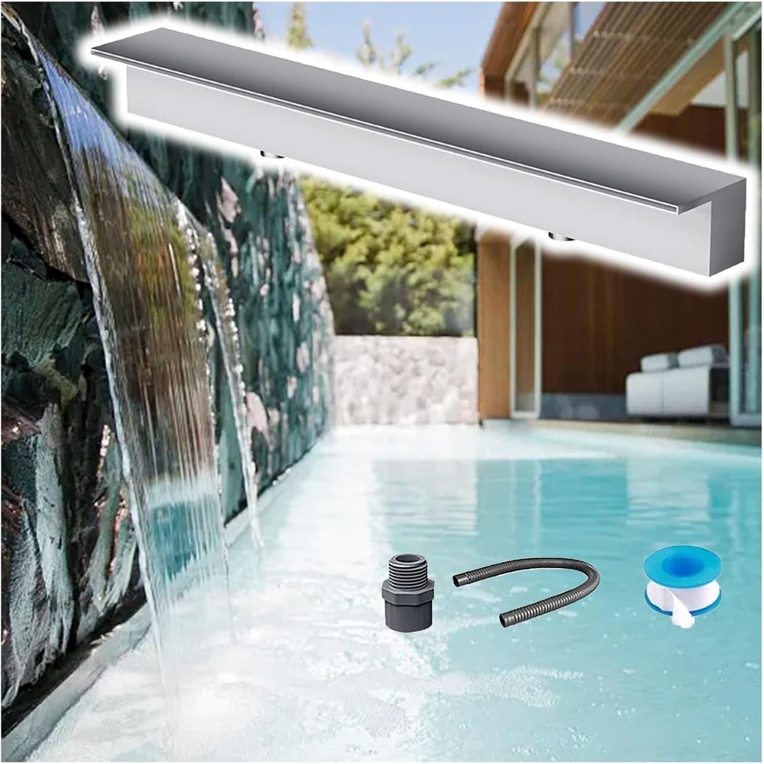Concealed Recessed Concrete Pond Spillway Waterfall Stainless Steel, Outdoor Patio Garden Water Channel Weir Outlet, Waterfall Feature Device(Black,Outlet 30cm(11.8in))