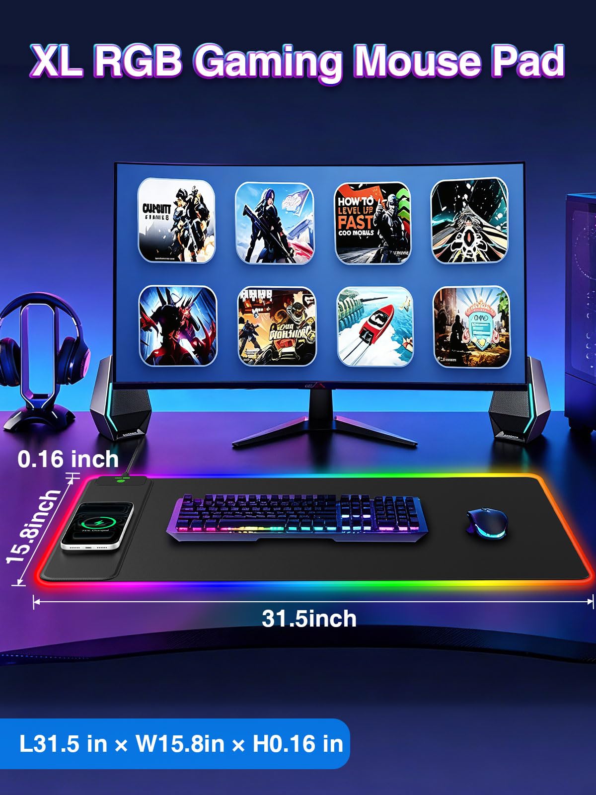 Tappetino per mouse RGB con ricarica wireless magnetica, 80 x 40 cm, grande tappetino da scrivania a LED, 24 effetti di luce, base in gomma antiscivolo, superficie ultra liscia impermeabile