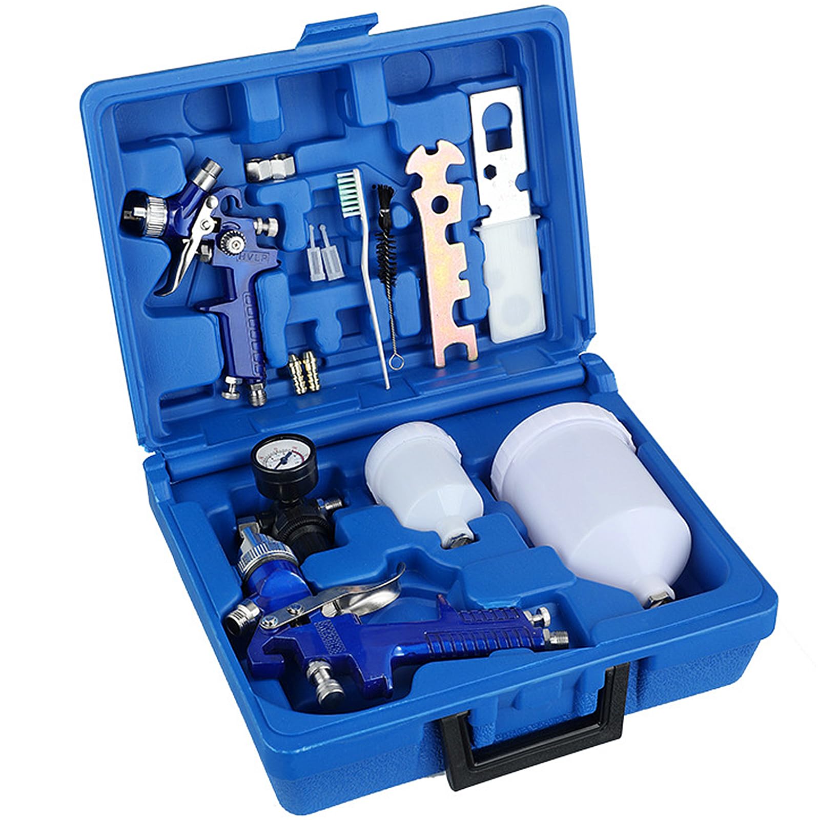 HVLP Pistolet à Peinture Professionnel Kit, 2 Pistolets Pulvérisateurs avec Buses 0.8mm et 1.4mm, Régulateur de Pression d'air, Gobelets 600ml et 125ml,Nettoyage, Coffret de Transport Bleu