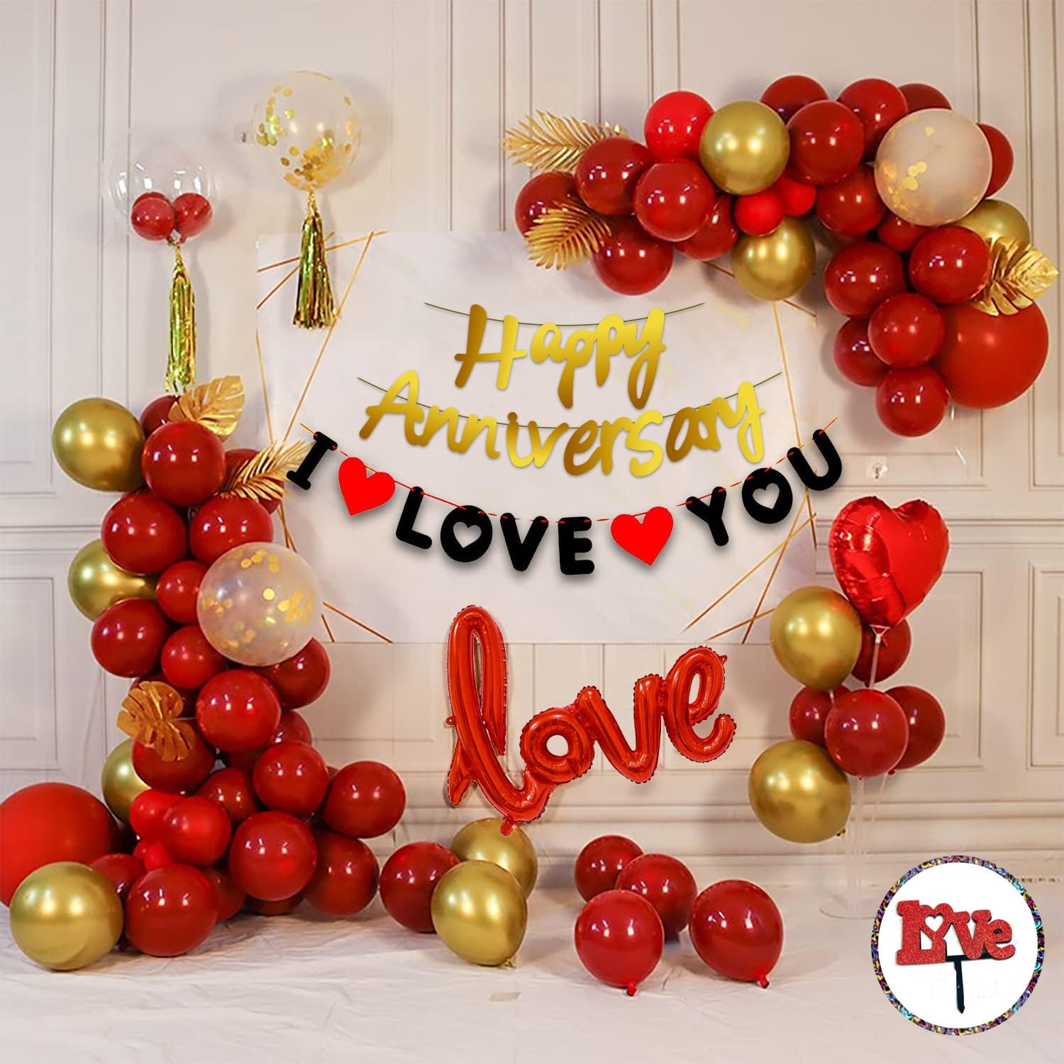 SOI Happy Anniversary Decoration Items Kit - 52Pcs Wedding Anniversary Decoration Items | I love You Banner |Golden Happy Anniversary Banner | Anniversary Decoration for Couple| Love Cake Topper