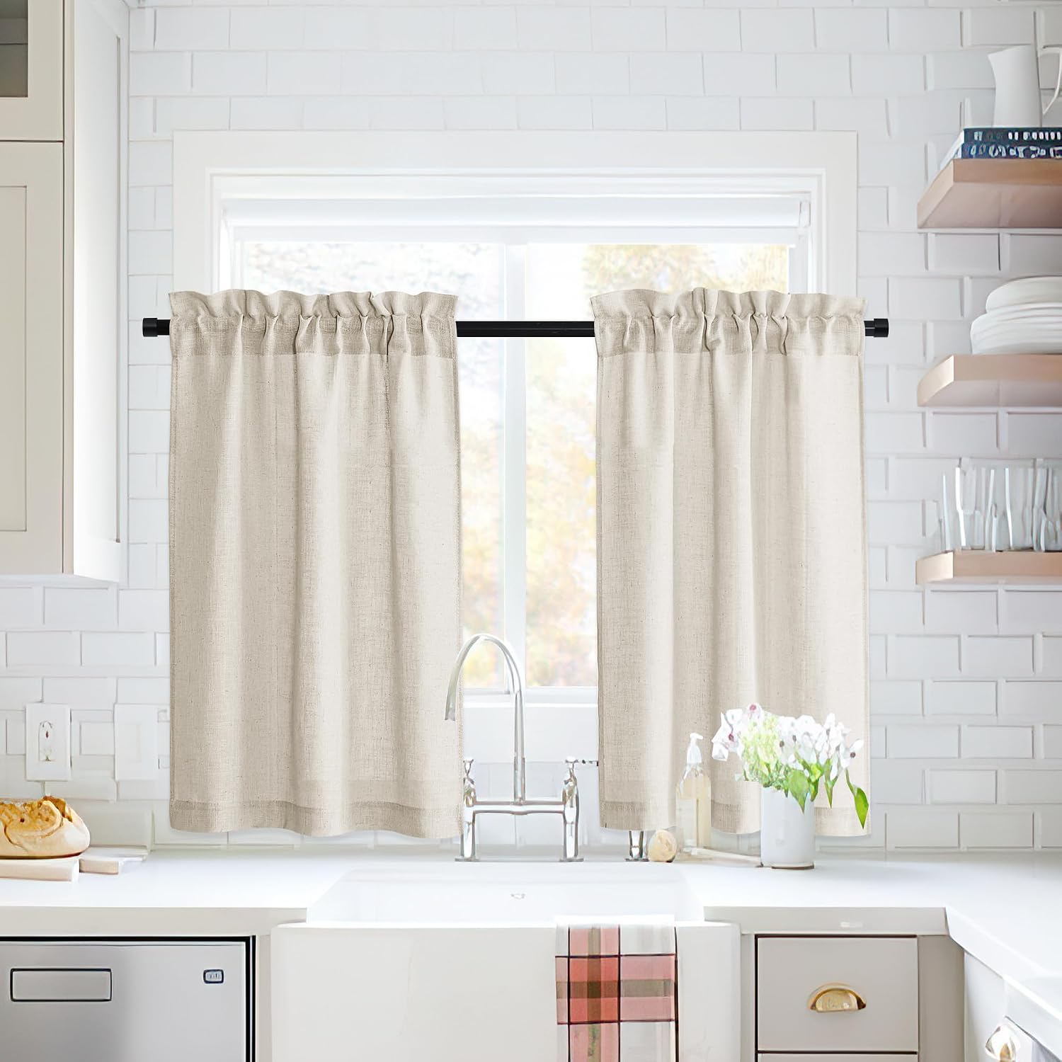 Pony Dance Kitchen Curtains 24 inch Length Set of 2, Linen Textured Semi Sheer Boho Farmhouse Short Curtains for Small Bathroom RV Basement Country Half Window Tier for Cafe, 26 inch Wide, Beige