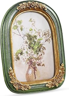 Cuspin Vintage 4x6 Picture Frame, Green and Gold Arch Frames, Ornate Flo...