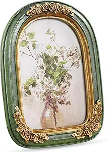 Vintage 4x6 Picture Frame, Green and Gold Arch Frames, Ornate Floral Resin Photo Frame with Glass Front for Tabletop or Wall Display, Antique Decorative Frame for Home Decor or Gift
