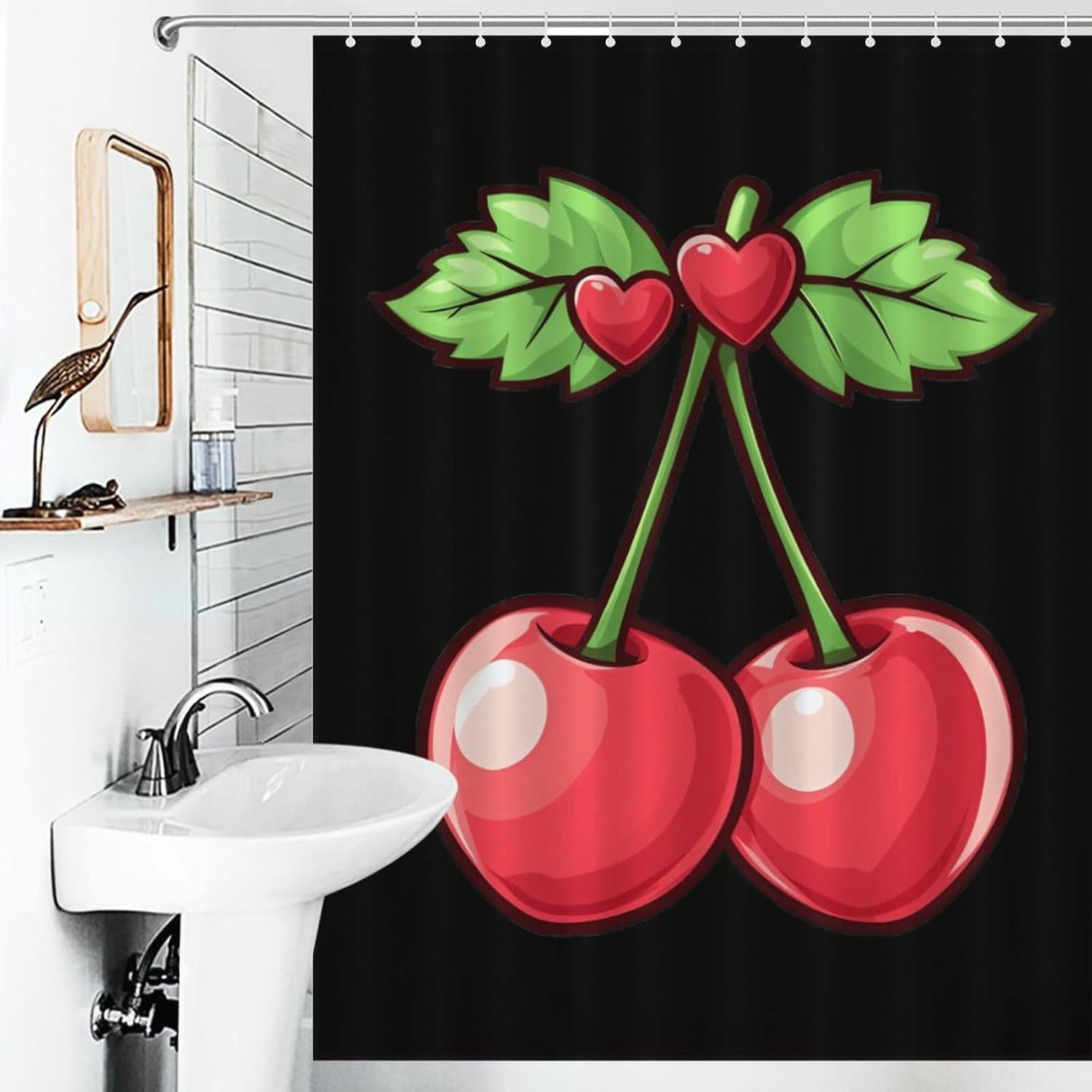 Cherry with Heart Funny Shower Curtains Washable Bath Curtain Liner with Hooks for Bathroom Bath Tubs