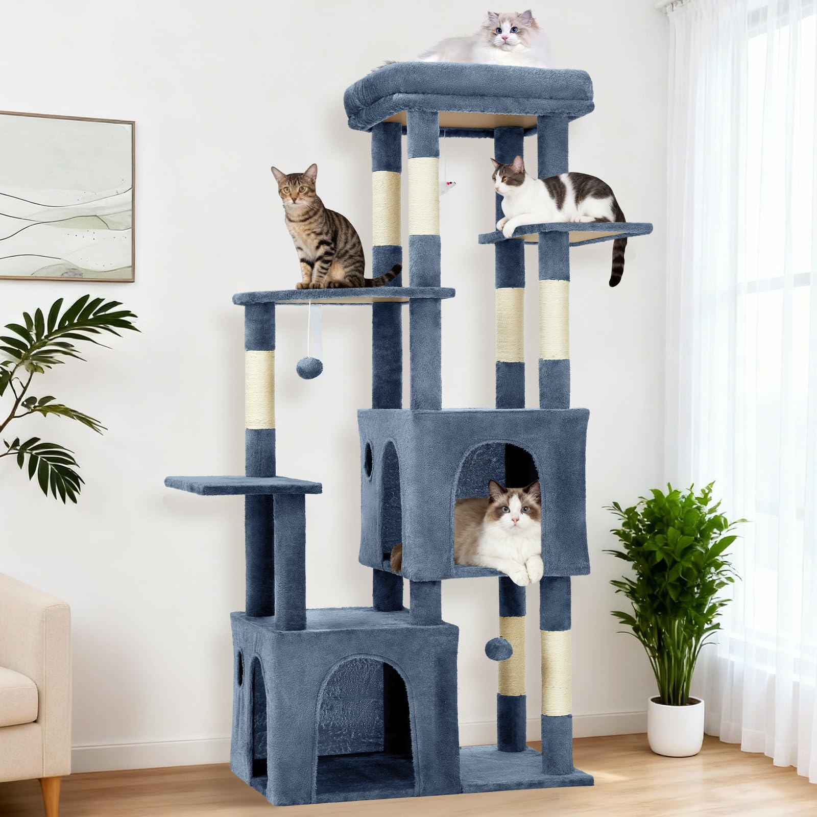 Garvee Árbol para gatos, torre para gatos de interior, muebles de casa de gatos de varios niveles de 156 cm con posadera, poste rascador de sisal, 2 espaciosos condominios y juguetes de juego, centro