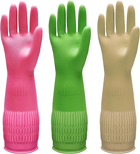 Bamllum 3 pares de guantes de goma para lavar platos para limpieza de cocina y hogar, puño largo de 15 pulgadas, reutilizables, flexibles, duraderos
