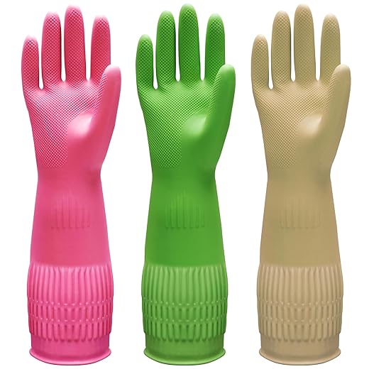 Bamllum 3 Pairs of Rubber Dishwashing Gloves for Kitchen and Household Cleaning – Long Cuff 15", Reusable, Flexible Long-lasting and Non-Slip (Red+Yellow+Green, Large)