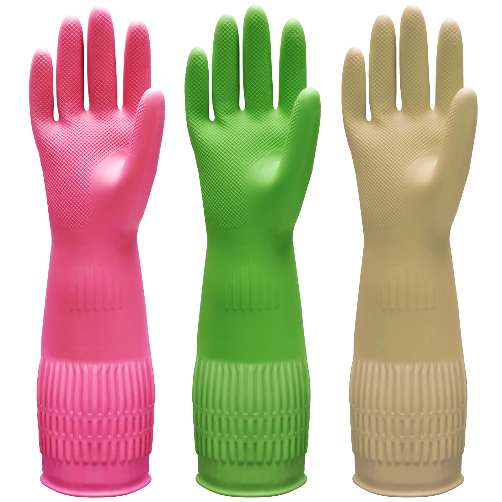 Bamllum 3 Pairs of Rubber Dishwashing Gloves for Kitchen and Household Cleaning – Long Cuff 15", Reusable, Flexible Long-lasting and Non-Slip (Red+Yellow+Green, X-Large)
