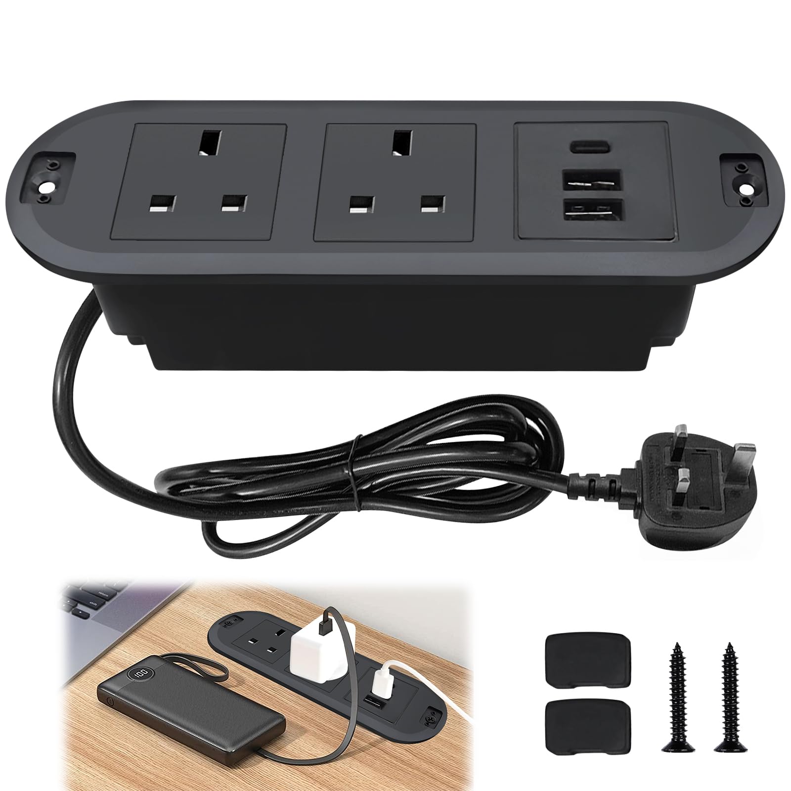 Recessed Power Socket with USB C, Desk Power Strip with 2 USB A, 1 USB-C Ports, 1.8M Power Extension Lead with 2 Outlets Black