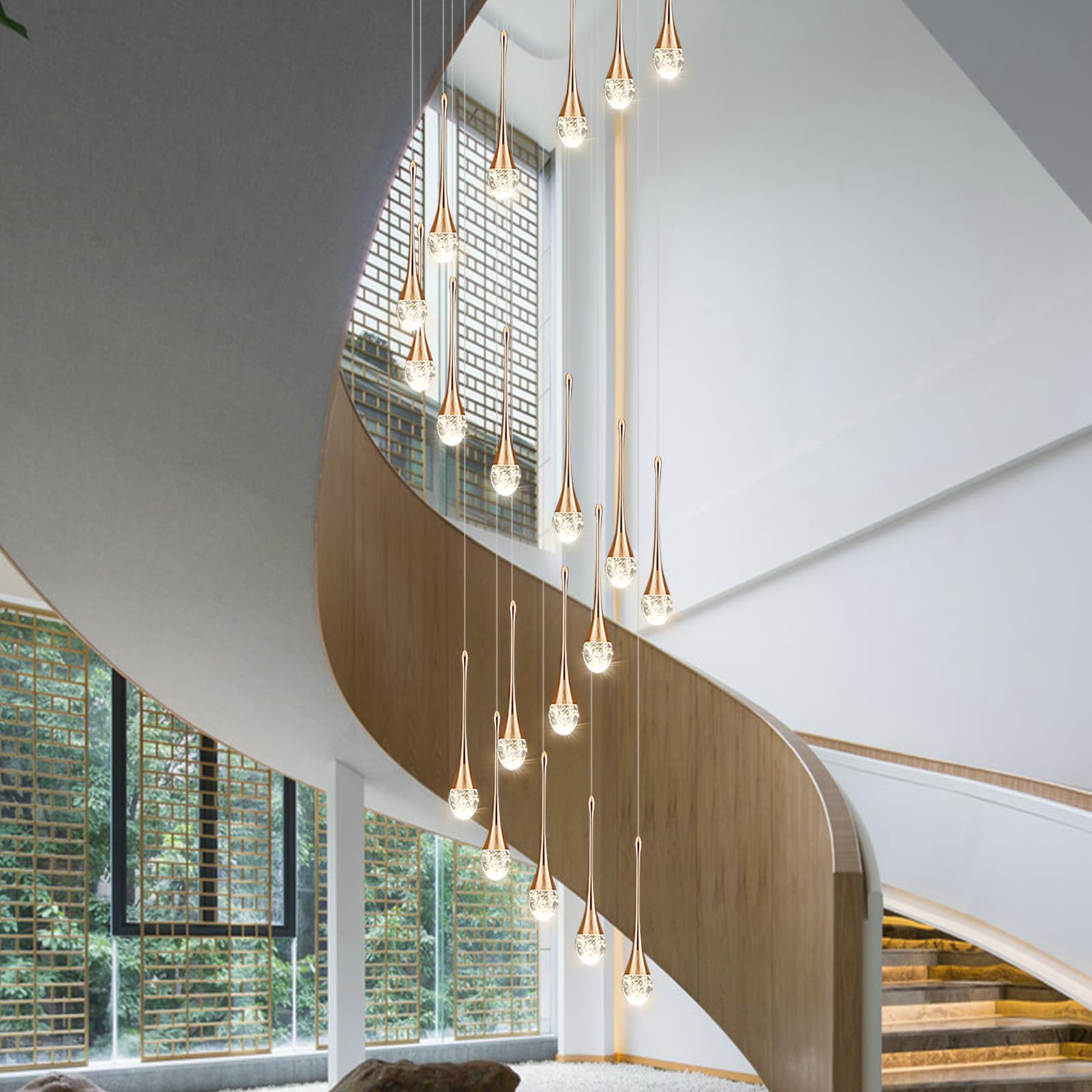 PCXEHUYP Long Staircase, Crystal dimmable Chandeliers with Remote Control Ceiling Adjustable Large Water Droplet Chandelier Suitable for staircases (15 Lights)