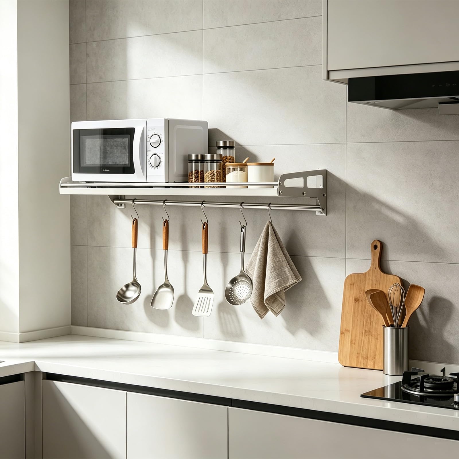 5 Haken Mikrowellen-Regalbretter Wandregal Metall Edelstahl Regal Wandboard Küche Wandregale Küchenregal Gewürzregal Küchenrollenhalter Wand Hängend Spice Rack Gewürzregale Gewürz Organize