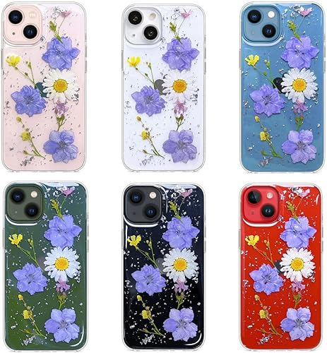 Miniatura 6 de Abbery Funda diseñada para iPhone 13 Mini con diseño de flores prensadas, bonita funda con purpurina brillante transparente con diseño de silicona