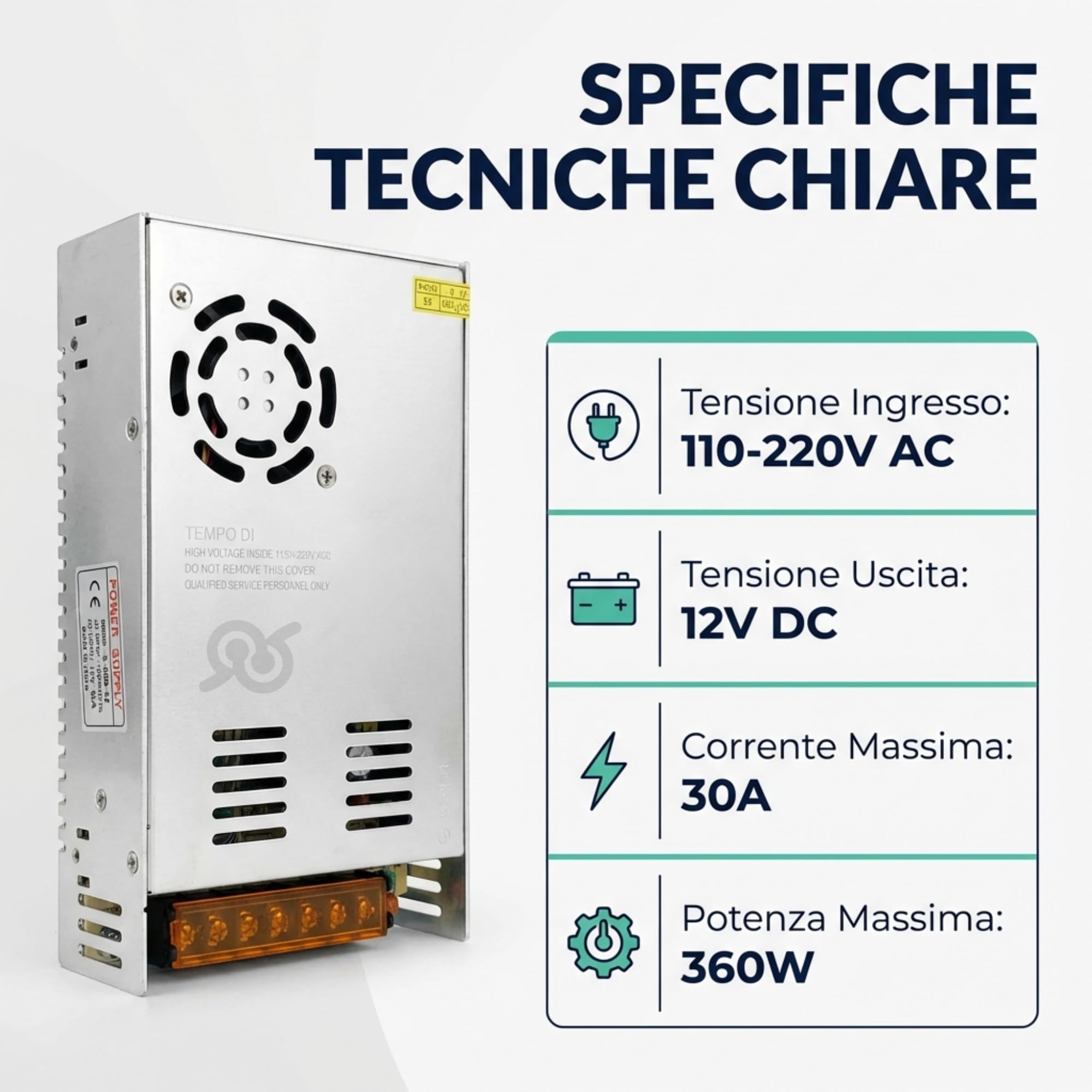 TEMPO DI SALDI Trasformatore 220V 12V 360 W Corpo in Metallo 20 x 11 x 5 cm - Alimentatore 12v 30A Stabilizzato, per Alimentatore Striscia LED, Telecamere a circuito chiuso, Router e altri dispositivi