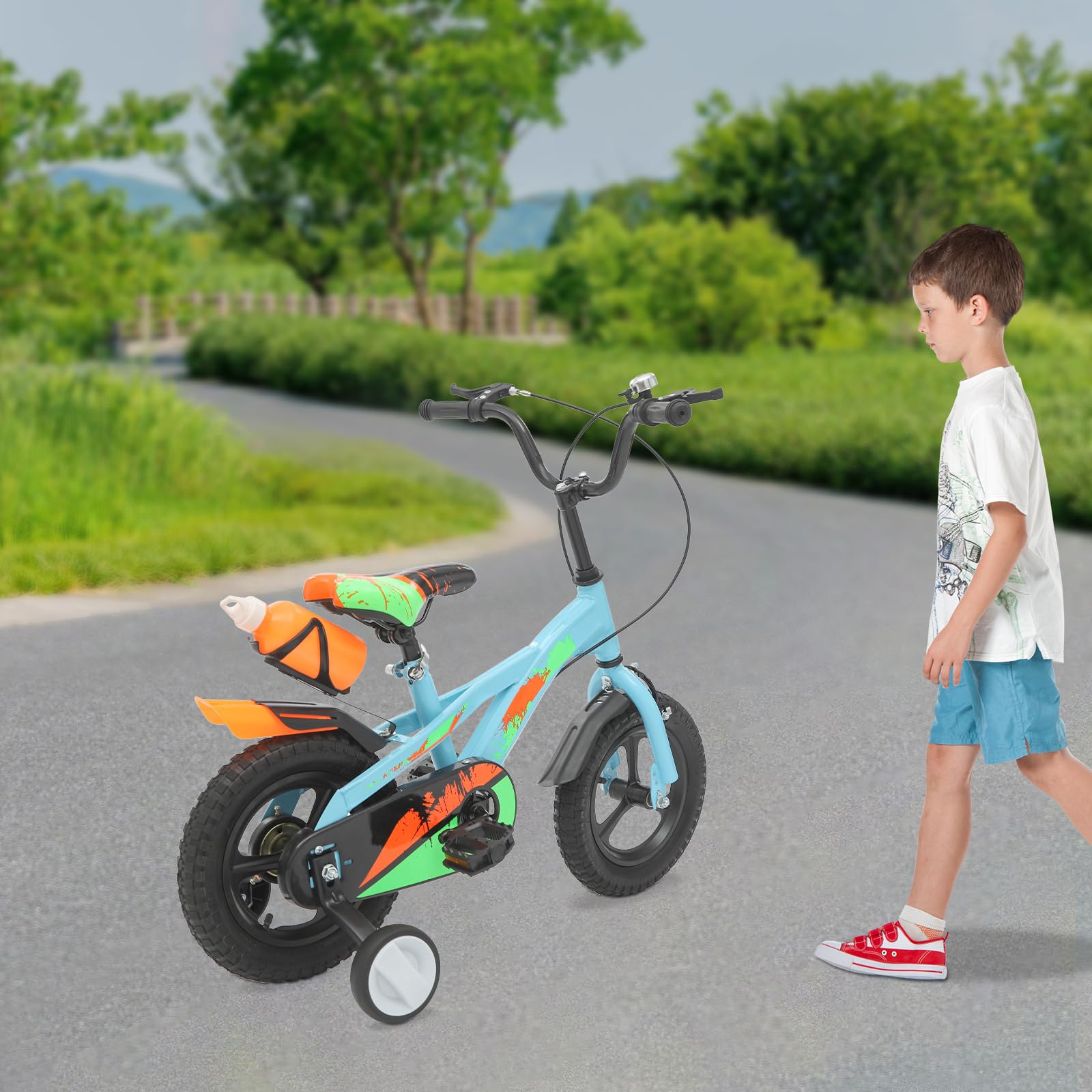 12 Zoll Kinderfahrrad, Kinder Fahrrad ab 2 Jahren mit Wasserflasche, Fahrrad Kinder für Jungen und Mädchen ab 2-5 Jahre, Upgraded Höhenverstellbar, Robustes Carbonstahl-Rahmen
