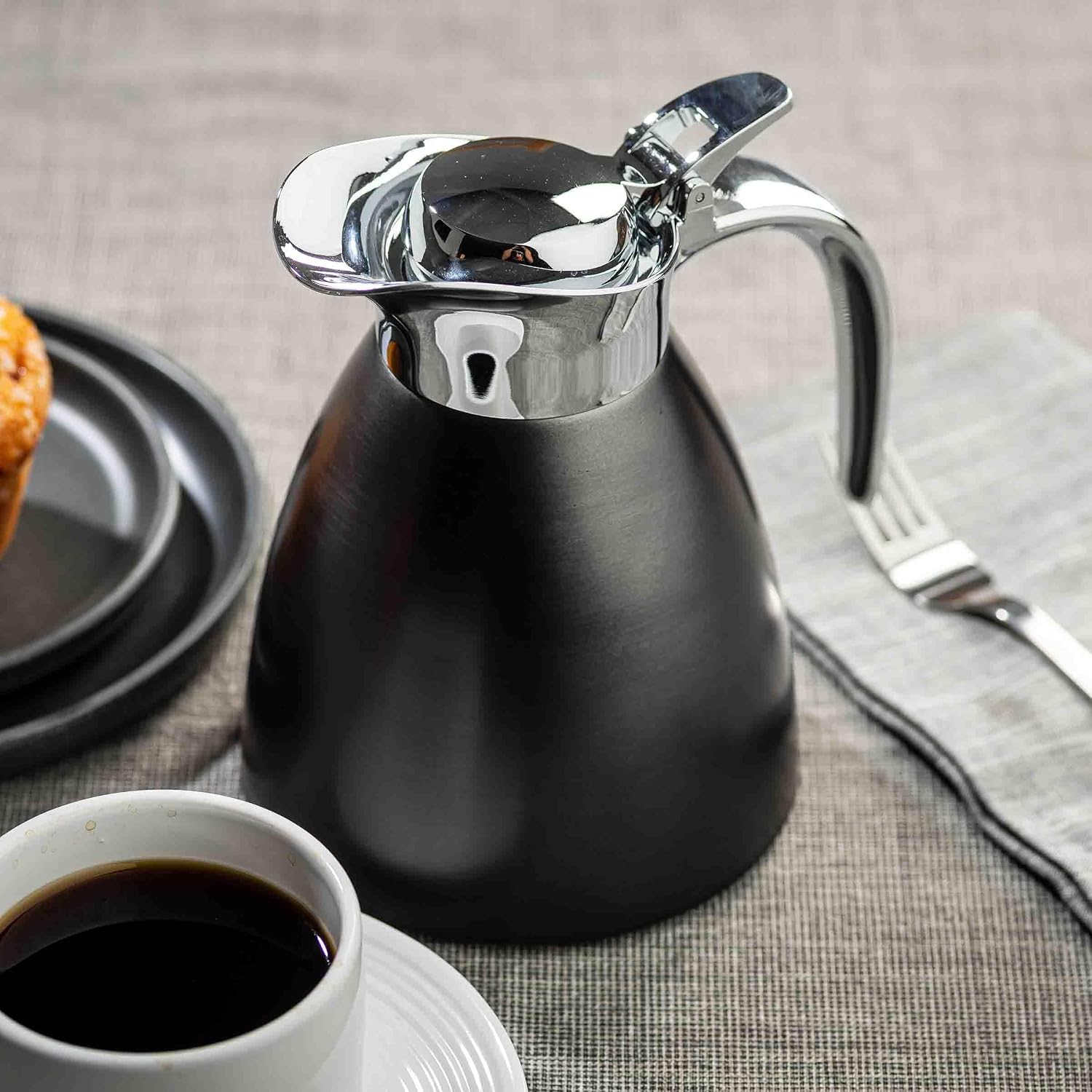 TableCraft Coffee Carafe & Creamer, Brushed 18-8 Stainless Steel, Black, 18 oz, 6.5" x 5.125" x 6.5", Durable Beverage Server for Table Service
