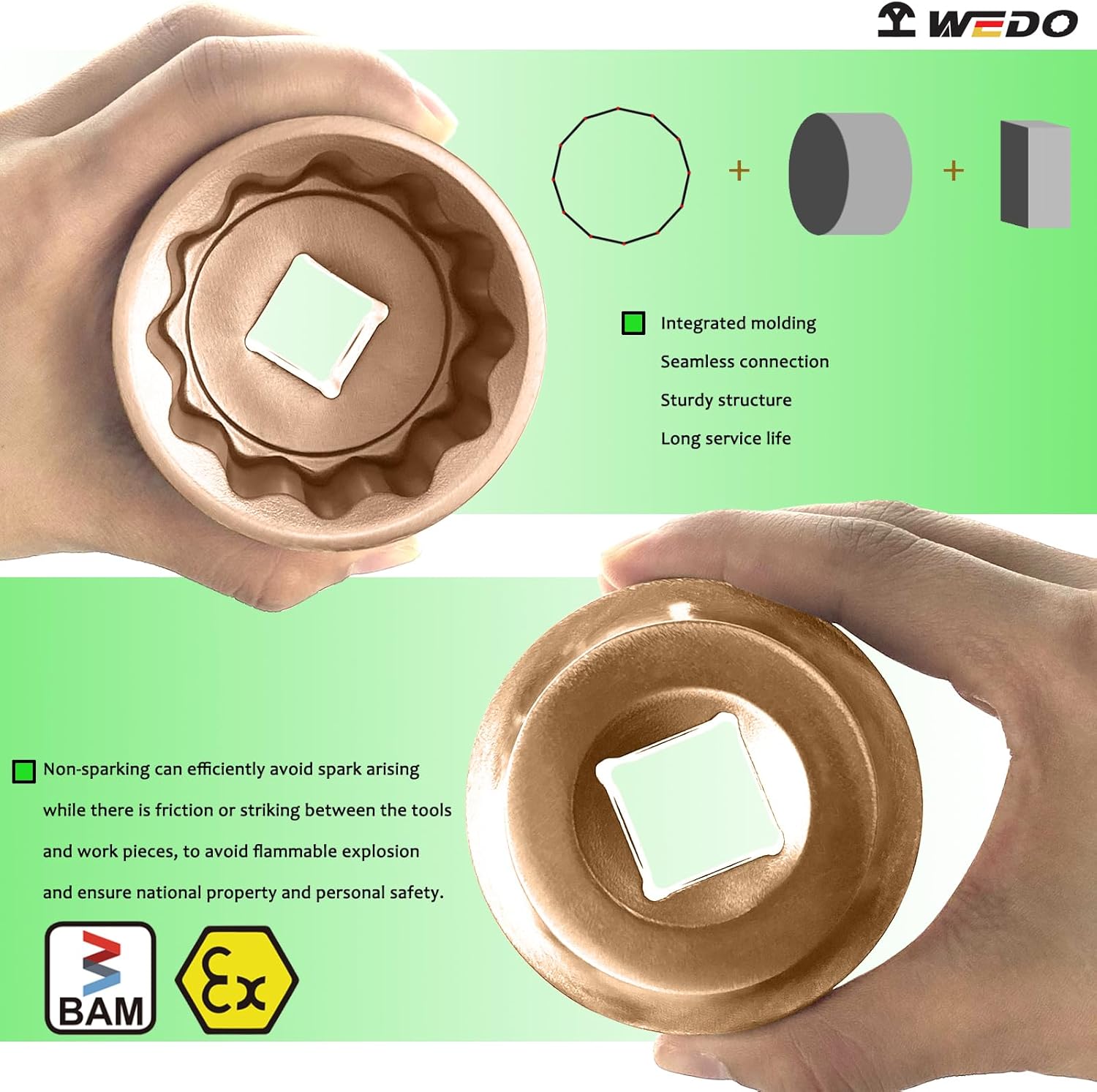 WEDO Non-sparking Shallow Impact Socket,3/8-Inch Drive x 9/16-Inch Deep,12-Point,Socket for Easy Removal of Axle Shaft Nuts,Beryllium Copper,Non-magnetic,DIN Standard,BAM & FM Certificate