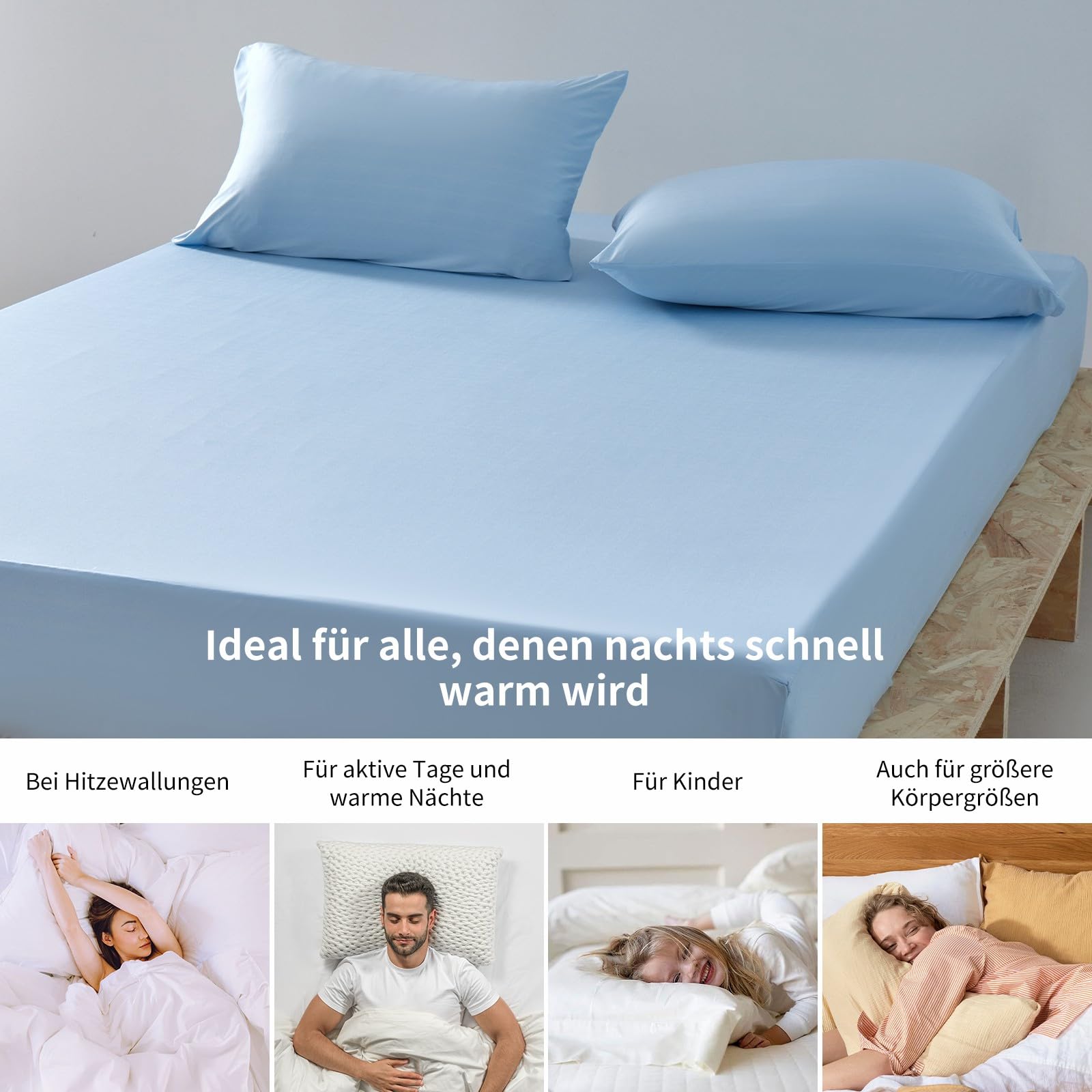Lenzuolo con angoli elasticizzati estivi in raso, 160 x 200 cm, blu chiaro, 90% nylon + 10% elastan, Q-Max > 0,4, lenzuolo elastico fino a 30 cm di altezza, per sudorazione notturna e per dormire