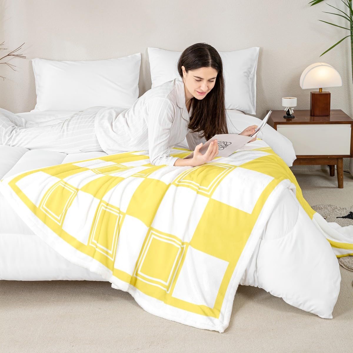 Couverture patchwork pour enfants plaid géométrique jaune en peluche lit double 152x203 cm