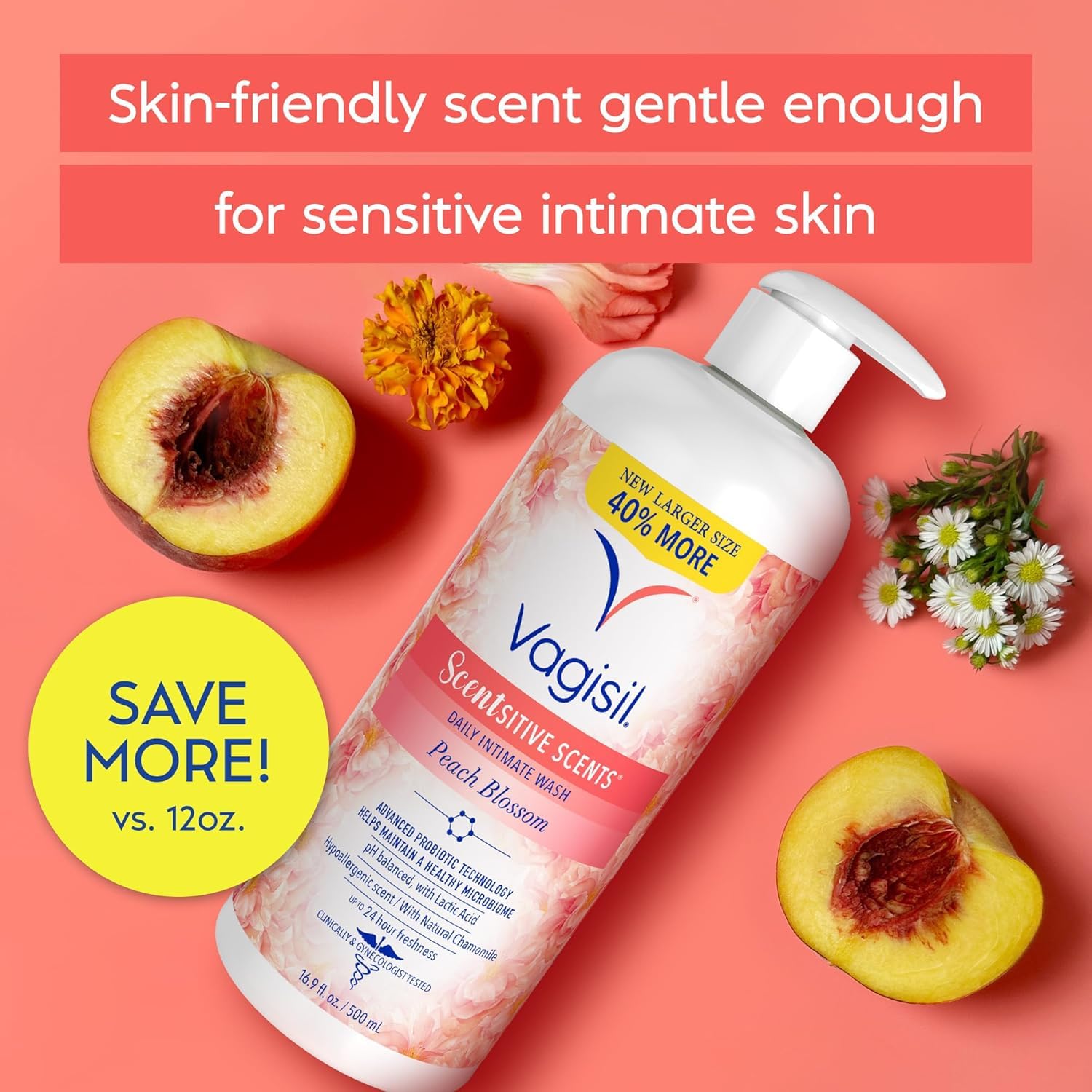 Vagisil Feminine Wash for Intimate Area Hygiene, Scentsitive Scents, pH Balanced and Gynecologist Tested, Peach Blossom, 16.9oz with Pump