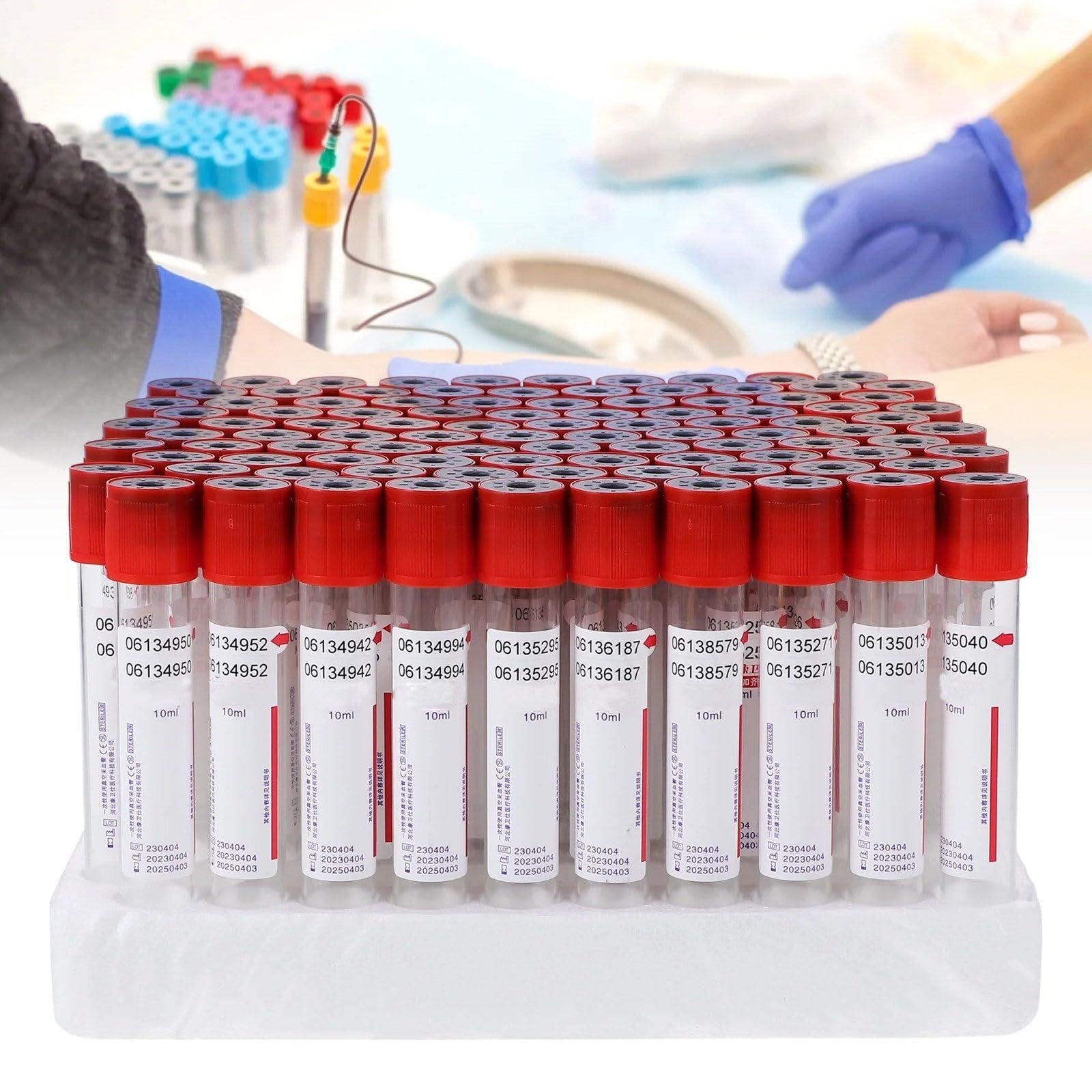 Sterylne jednorazowe probówki do pobierania krwi próżniowej - 100 sztuk, 1/2/3/5/10ml, PET/szkło, aktywator skrzepu i żel separator, do laboratorium i wirówki(czerwony, 10ml)