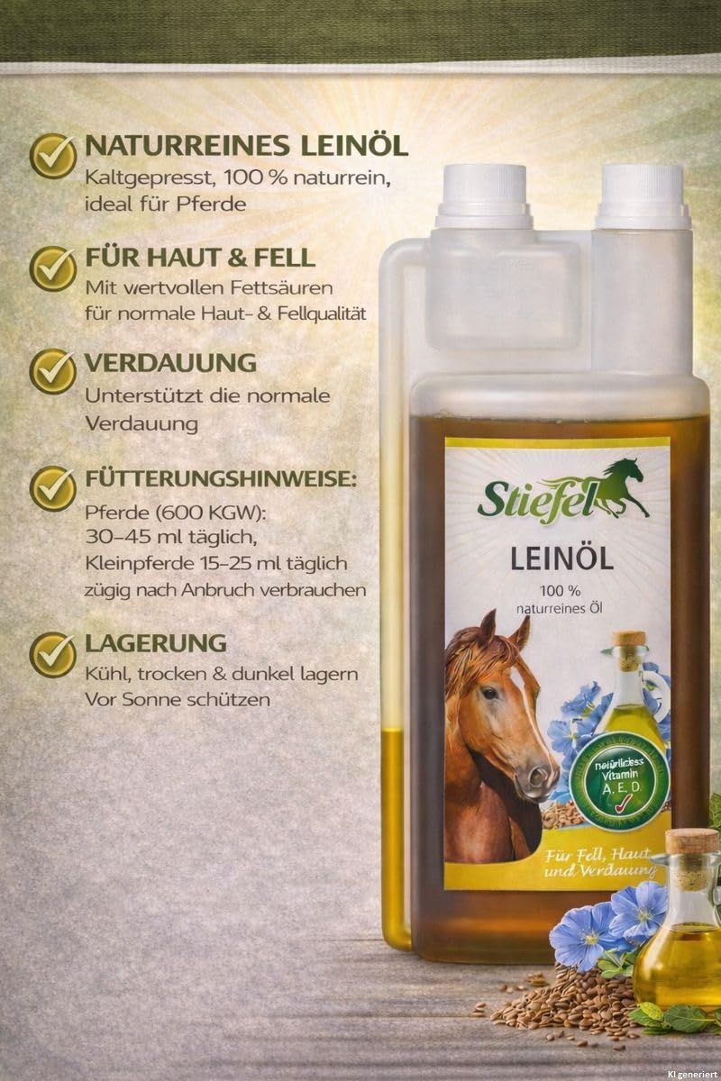 Stiefel Olej lniany | dwupak | 2 x 1 litr | karma uzupełniająca dla koni | może mieć pozytywny wpływ na skórę i sierść oraz przyczynić się do zdrowego trawienia