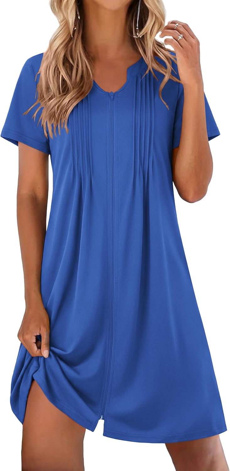 EKOUAER Women Zipper Robes Short Bathrobe Lightweight Mumu Duster House Coat with Pockets Soft Moo Moo Nightgown