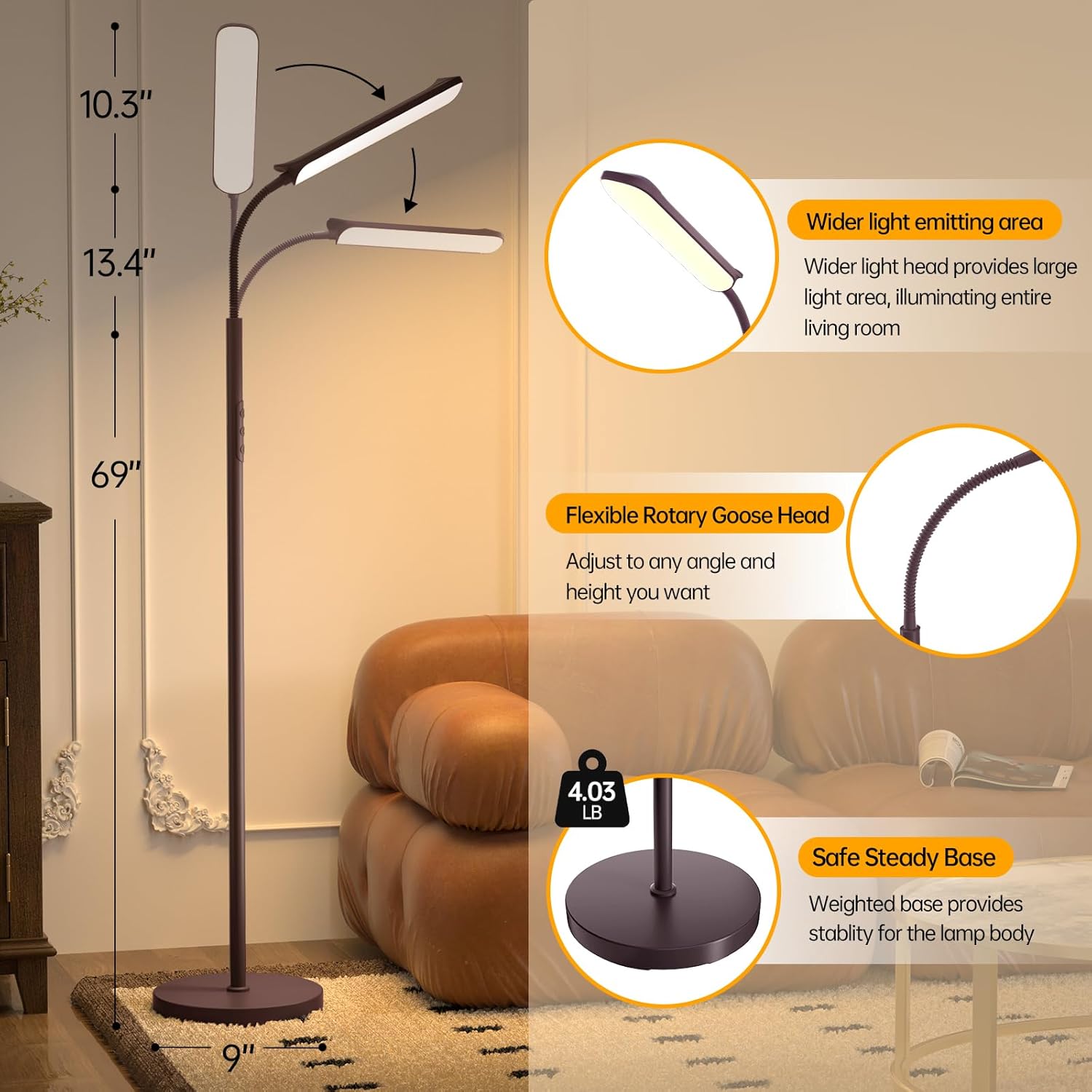 Aisutha LED Floor Lamp, 18W Super Bright Floor Lamp for Living Room, Adjustable Stepless Colors & Brightness Standing Lamp, Eye Caring Reading Light with Remote& Touch Control for Bedroom Office