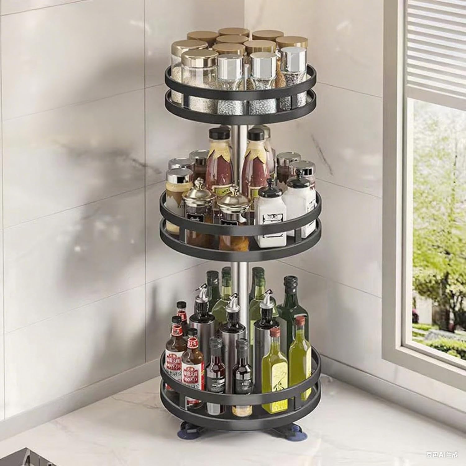 Rotating Shelf Metal Storage Rack Adjustable Space Saving Organizers for Kitchen Bathroom Accessory Adjustable Tiers Kitchen Shelf Organizers
